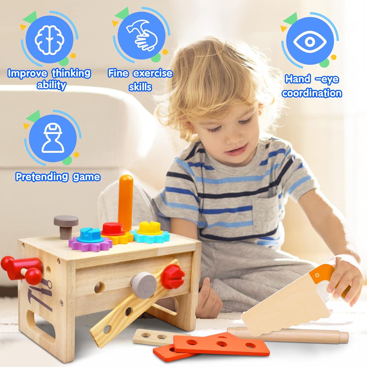 Coffret Outils en Bois de 29 Pièces | Jouet Éducatif STEM Montessori pour Jeu de Construction Imaginatif pour les 2 à 6 Ans