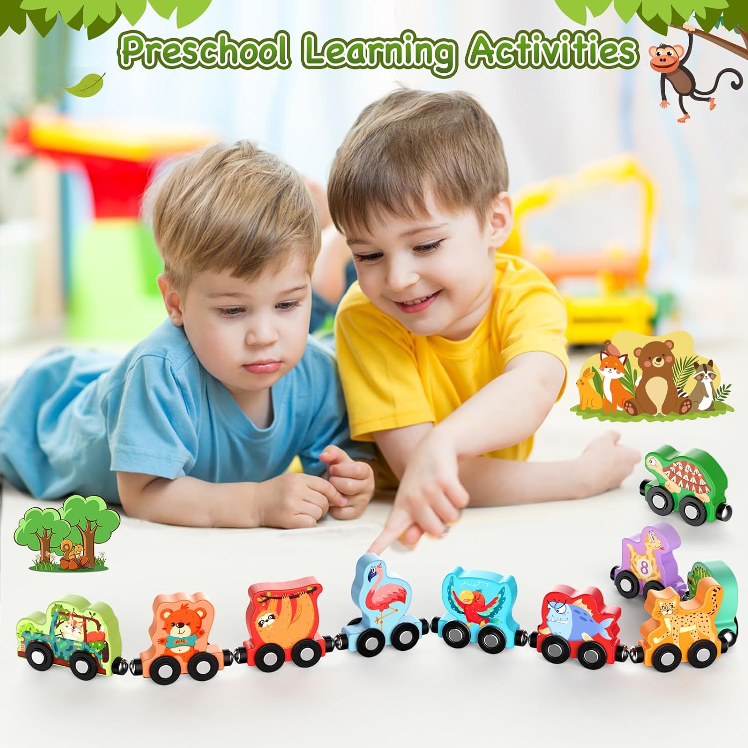 Ensemble de train en bois magnétique avec 11 animaux | Jouets Montessori pour activités d'apprentissage préscolaire des tout-petits King of Toys
