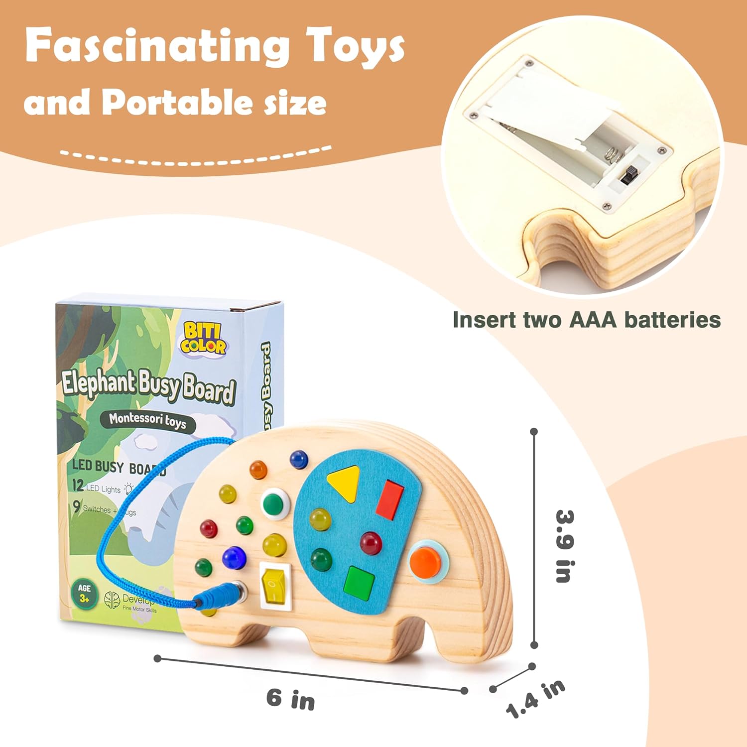 Tableau d'Activités Éléphant pour Tout-Petits | Jouet Sensoriel Montessori avec Interrupteur Lumineux en Bois King of Toys