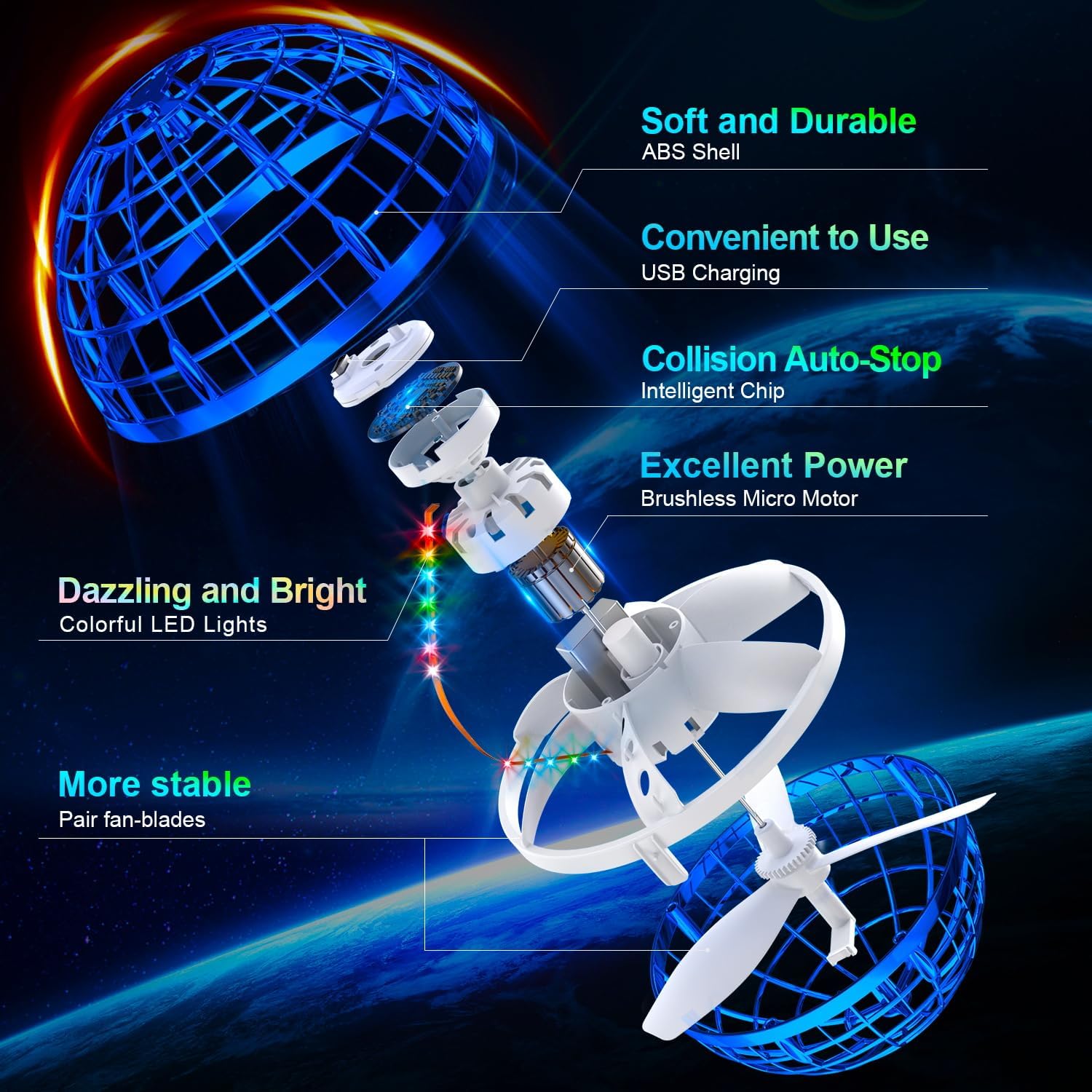 Flying Orb Ball | Drone Flottant avec Lumières Colorées | Jouet Extérieur pour Garçons et Filles