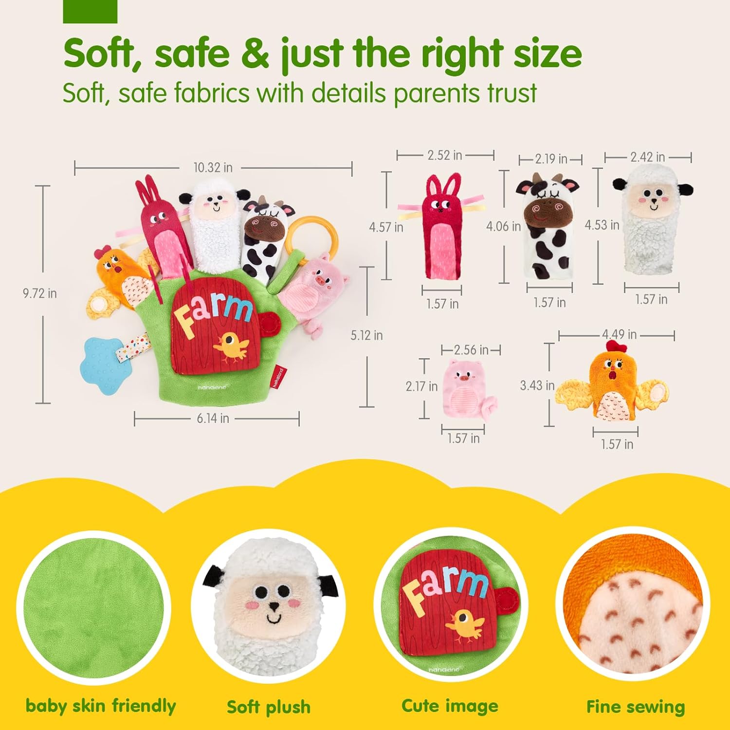 Gant Marionnette d'Éveil Sensoriel pour Bébé 6-12 Mois - Jouet Montessori Animaux de la Ferme avec Hochet, Anneau de Dentition et Miroir pour Garçons et Filles