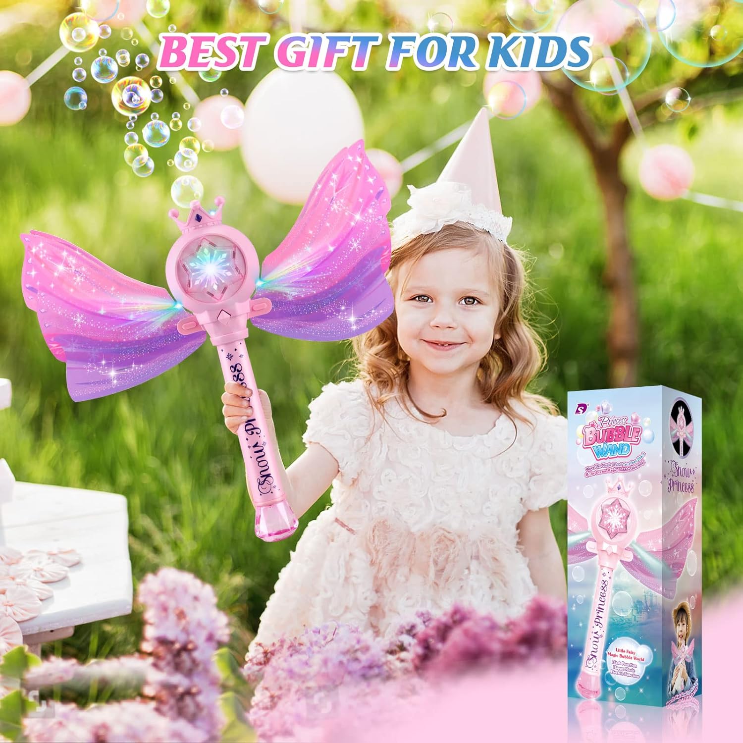 Baguette Magique à Bulles pour Filles 3-8 Ans - Machine à Bulles LED et Musique - Jouet Fée Princesse Idéal Cadeau Anniversaire Fête Extérieure