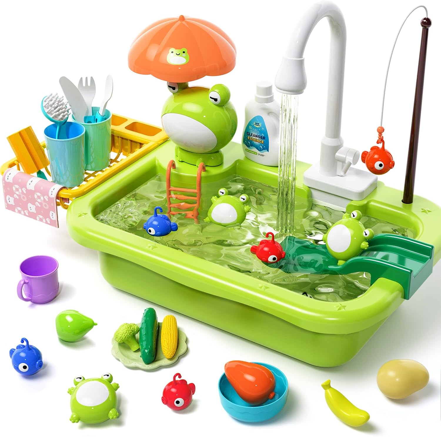 Évier de cuisine de jeu avec eau courante | Robinet électrique, jouets flottants et jeu de pêche | Jeu de rôle pour enfants 3+ King of Toys