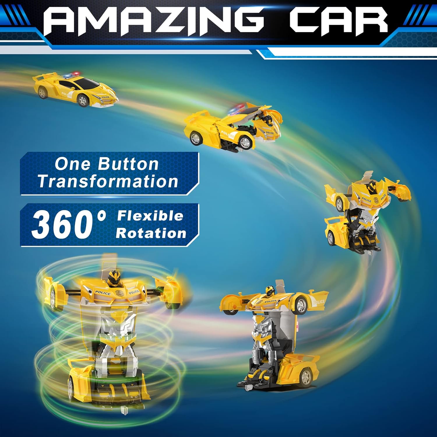 Voiture-robot transformable télécommandée | Voiture de police RC avec transformation à un bouton, lumière clignotante et rotation à 360° pour enfants King of Toys