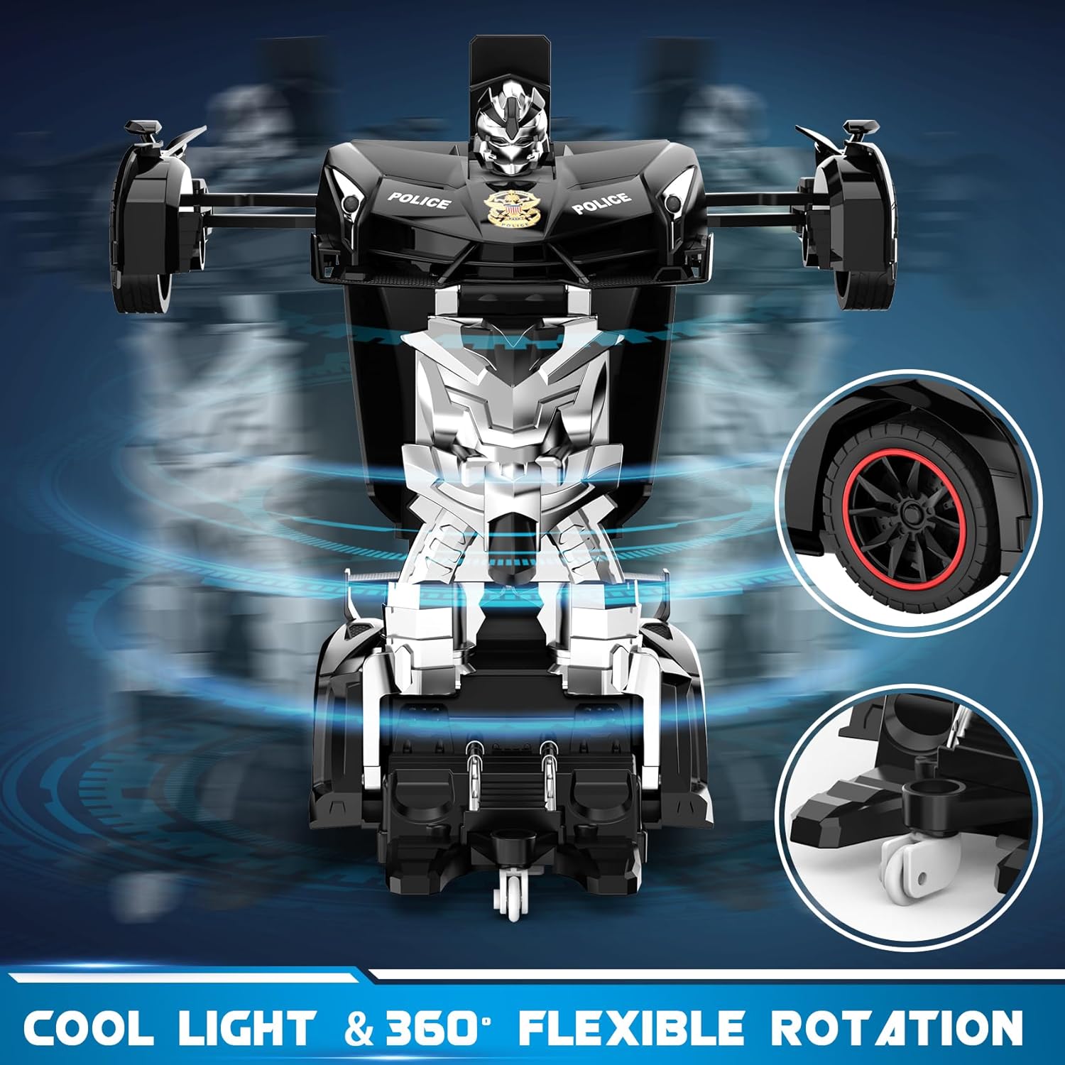 Voiture-robot transformable télécommandée | Voiture de police RC avec transformation à un bouton, lumière clignotante et rotation à 360° pour enfants King of Toys