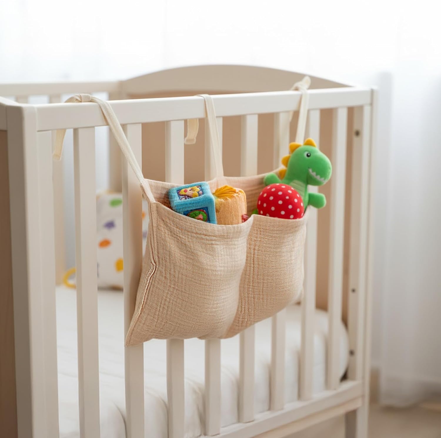 Sac de Rangement Suspendu pour Lit Bébé | Organisateur de Couches en Coton avec 2 Poches – Rangement pour Biberons, Jouets et Vêtements