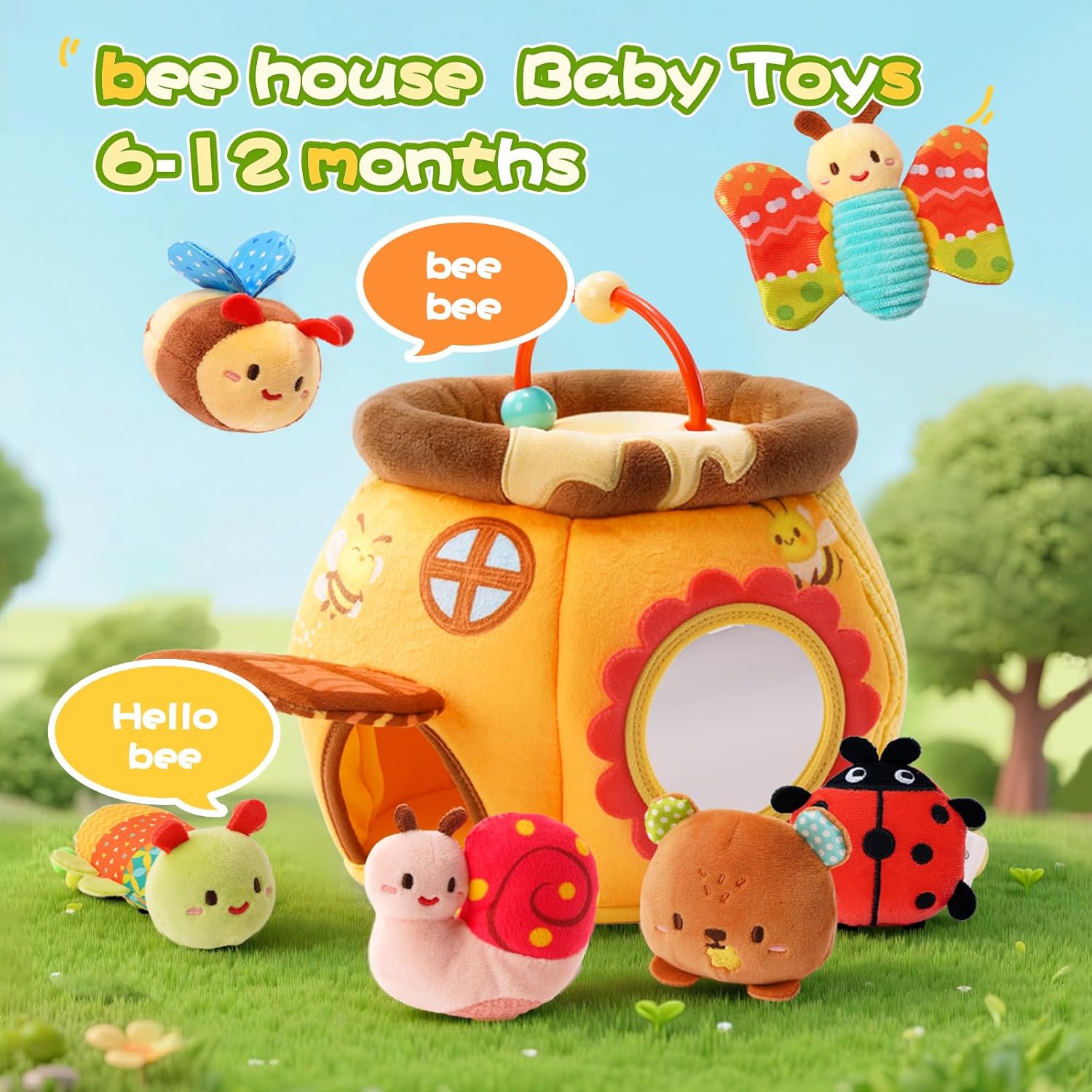 Jouet d'Éveil Sensoriel Ruche d'Abeille pour Bébé 0-12 Mois - Peluches Montessori Douces avec Hochet et Miroir pour Garçons et Filles - Cadeau de Naissance Idéal