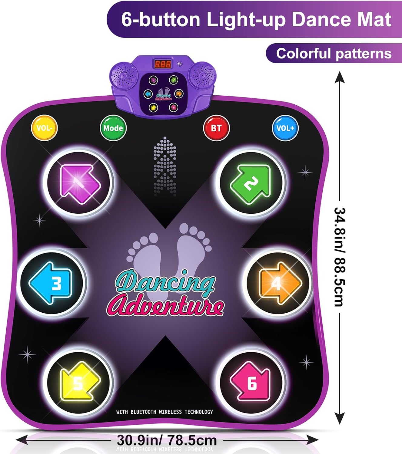 Tapis de Danse Électronique Bluetooth pour Enfants 3-12 Ans - Tapis de Jeu Musical Lumineux 6 Boutons avec 5 Modes - Cadeau Anniversaire Noël Fille