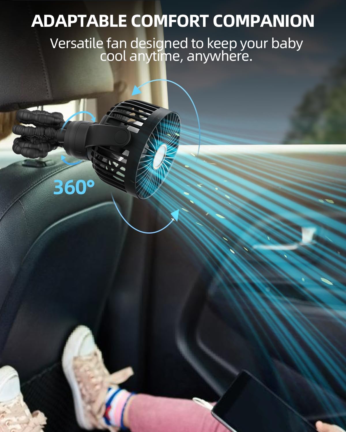 Ventilateur Portable Rechargeable pour Poussette et Voyage - Mini Ventilateur à Pince Flexible 360° avec Affichage Numérique - Essentiel Bébé Été