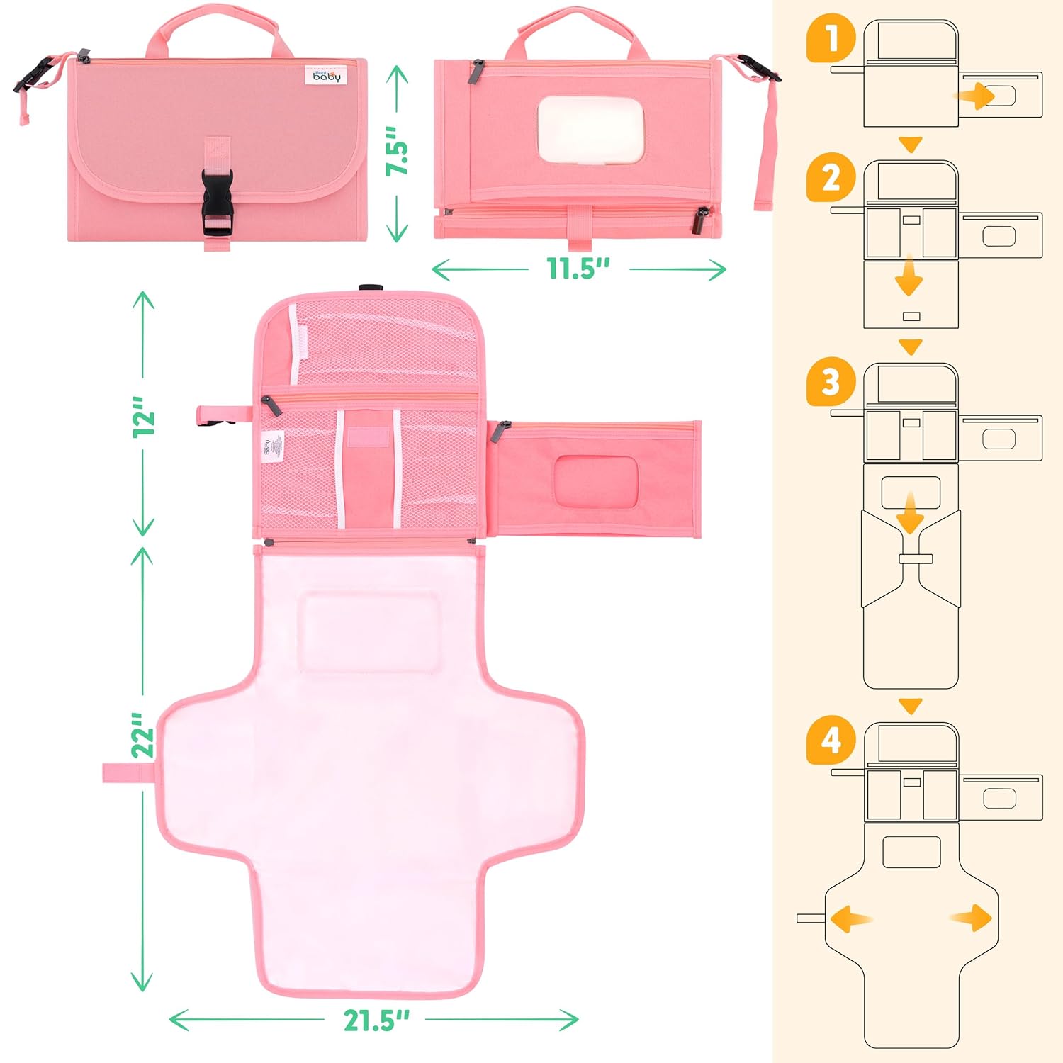 Matelas à Langer Portable Pliable pour Bébé - Kit de Voyage 3-en-1 avec Poches et Tapis à Langer Imperméable pour Nouveau-Né