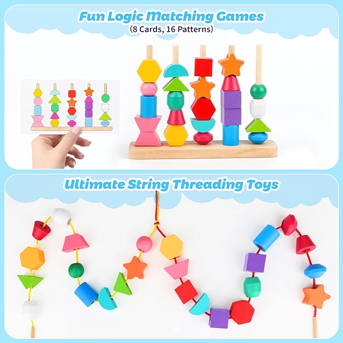 WoodGame l Perles en bois à empiler avec formes l Jeu de jouets Montessori De Speelgoed Koning