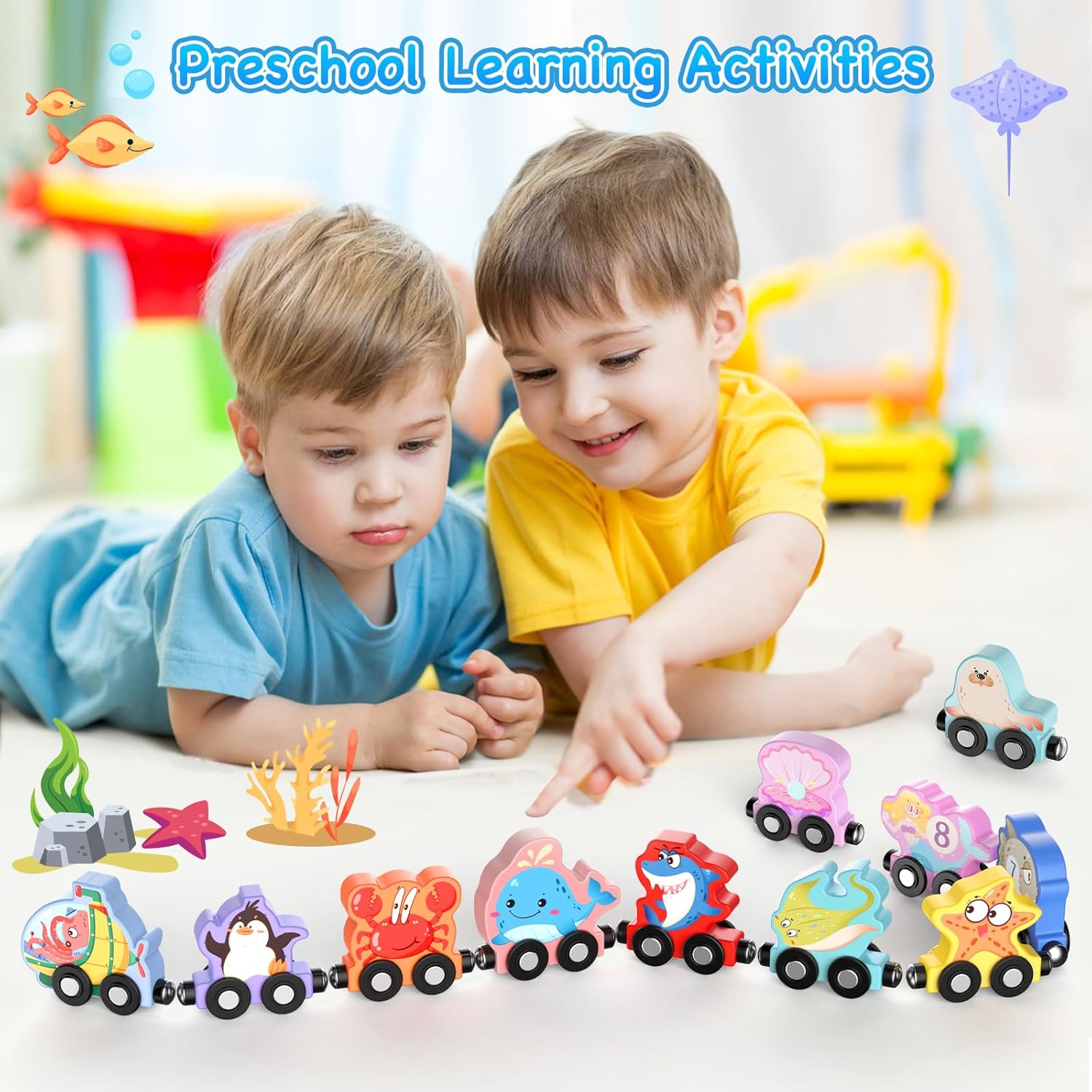 Ensemble de train en bois magnétique avec 11 animaux | Jouets Montessori pour activités d'apprentissage préscolaire des tout-petits King of Toys