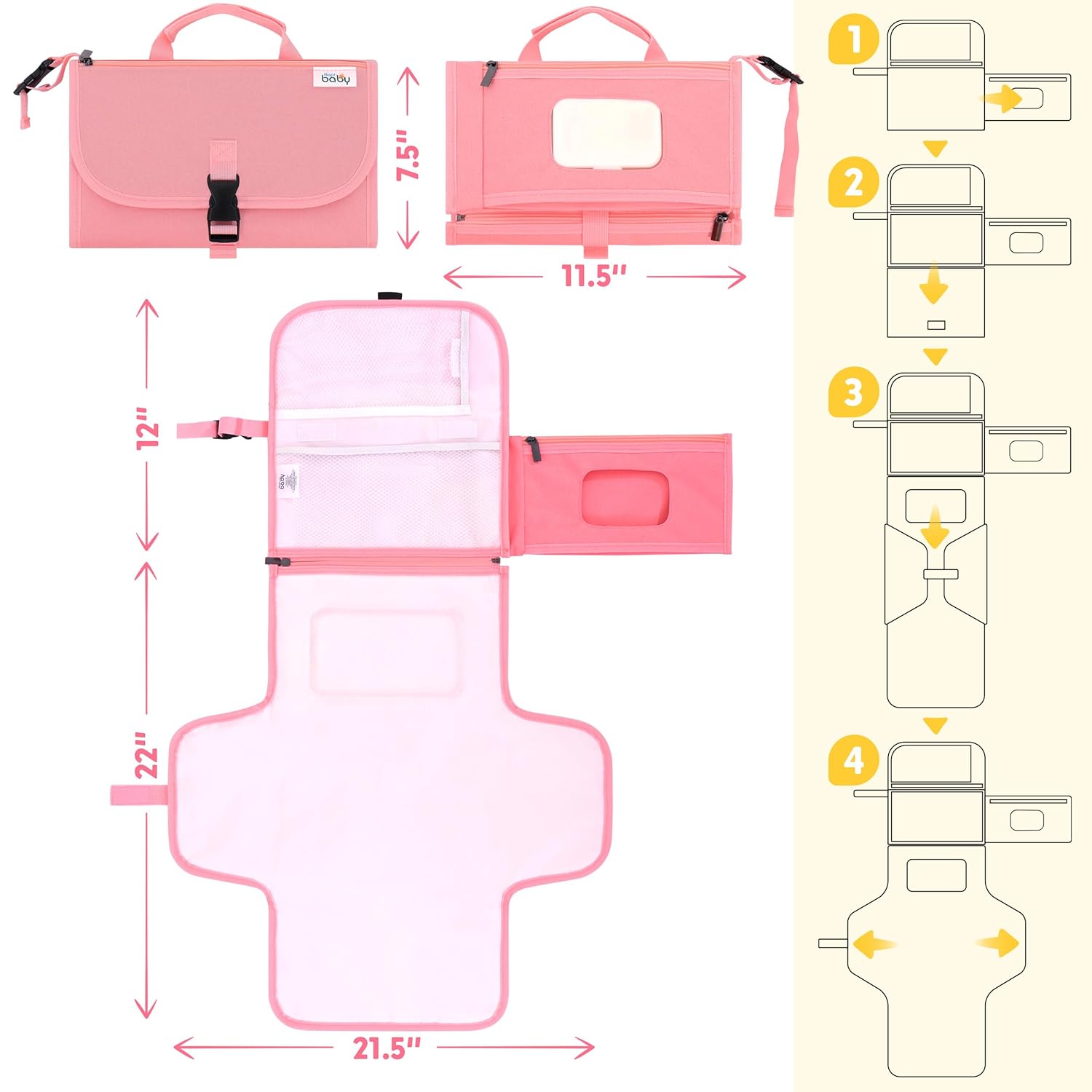 Matelas à Langer Portable Pliable pour Bébé - Kit de Voyage 3-en-1 avec Poches et Tapis à Langer Imperméable pour Nouveau-Né