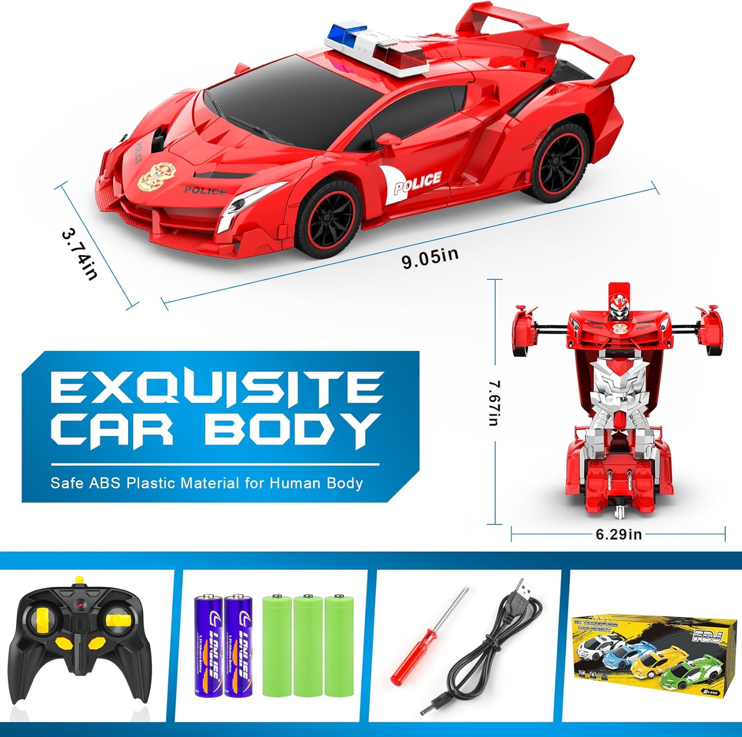 Voiture-robot transformable télécommandée | Voiture de police RC avec transformation à un bouton, lumière clignotante et rotation à 360° pour enfants King of Toys