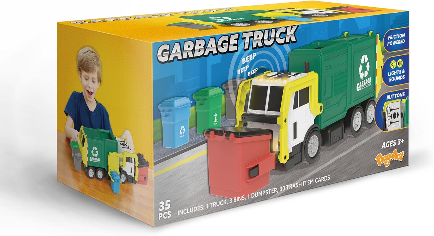 Grand ensemble de jouets camion-poubelle | Propulsé par friction, bacs à ordures, cartes d'apprentissage | Fun éducatif pour enfants King of Toys