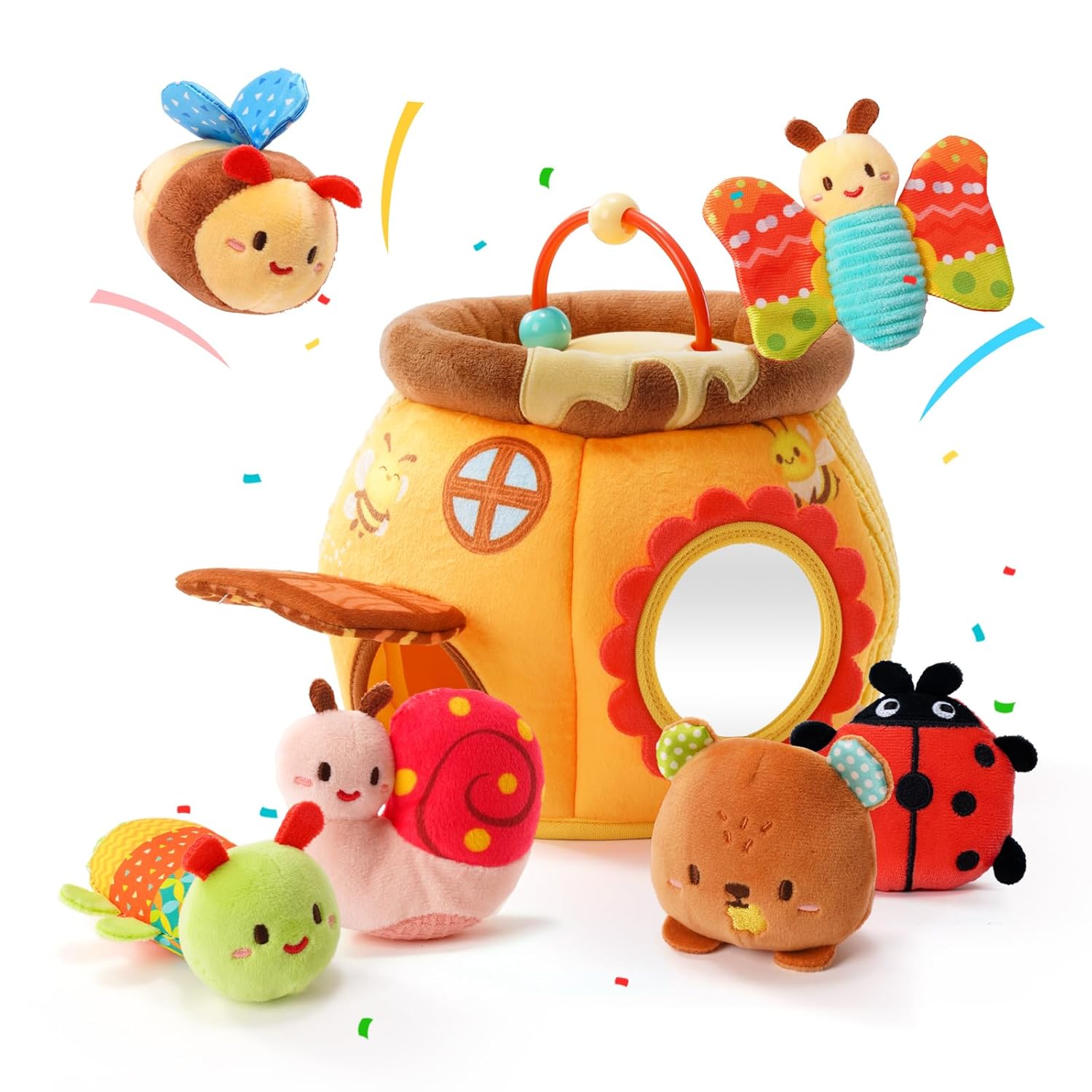 Jouet d'Éveil Sensoriel Ruche d'Abeille pour Bébé 0-12 Mois - Peluches Montessori Douces avec Hochet et Miroir pour Garçons et Filles - Cadeau de Naissance Idéal