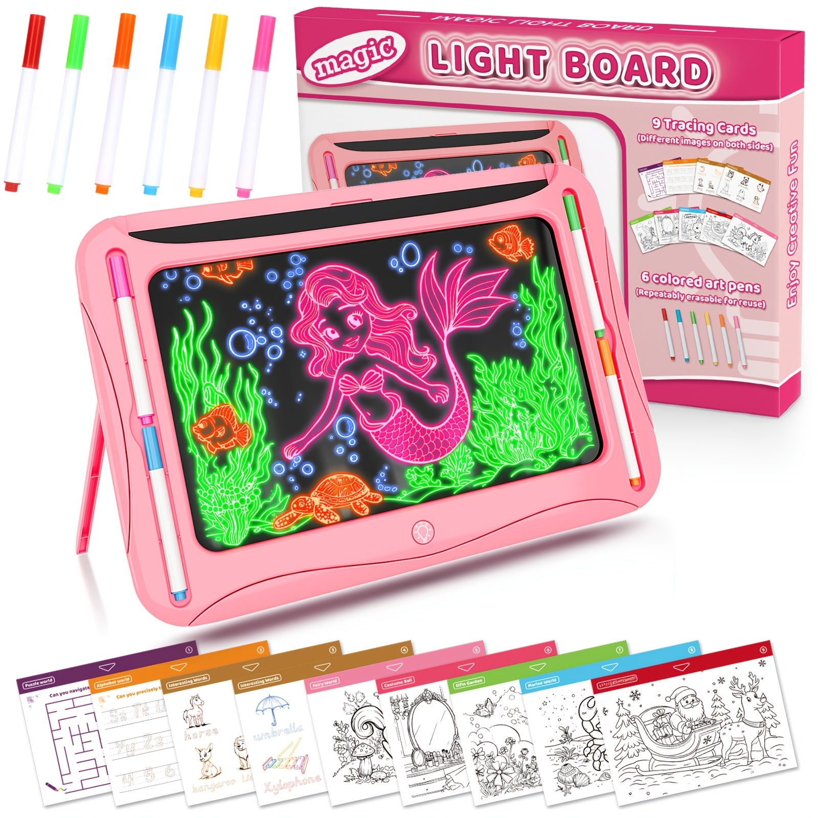 Tablette de dessin lumineuse LED | Planche à dessin magique avec 9 cartes recto-verso & 6 marqueurs – Jouet éducatif pour filles et garçons de 3 à 8 ans