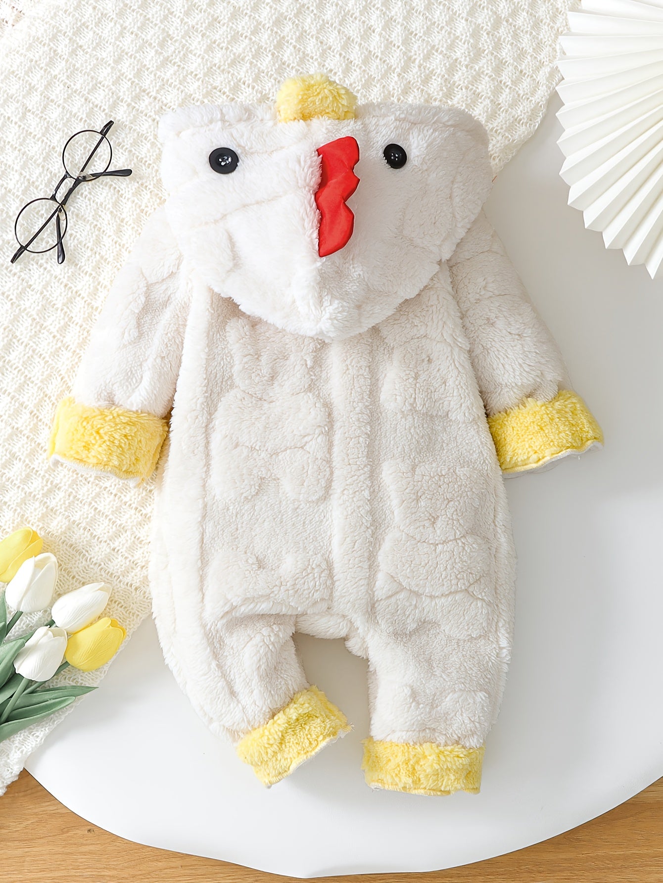 Combinaison Bébé Unisexe en Polaire Motif Poussin - Grenouillère à Capuche Chaude et Douce pour Filles et Garçons (Automne/Hiver)