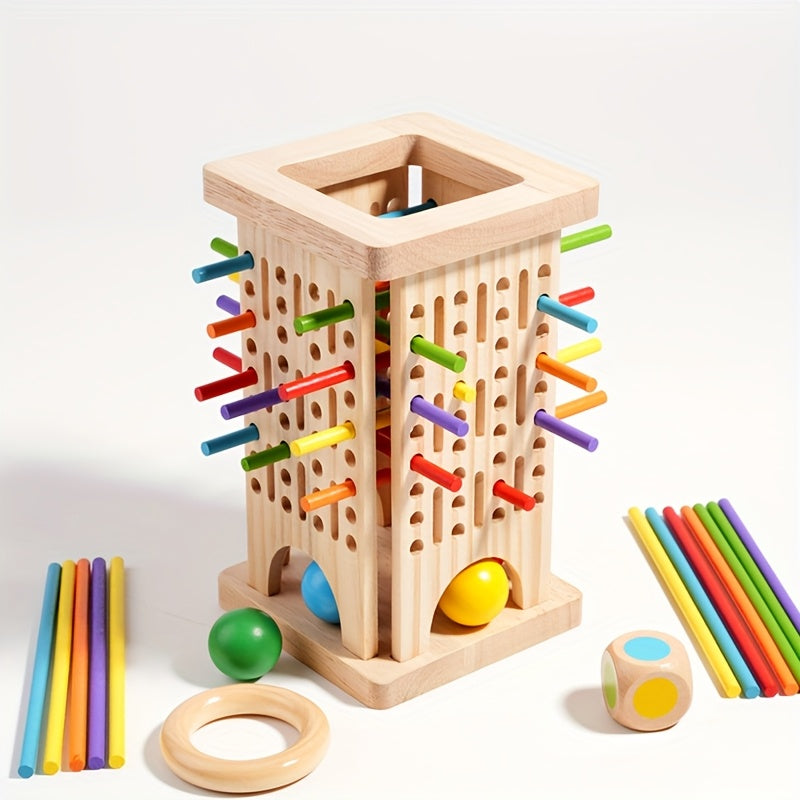Jeu d'Adresse en Bois 3-en-1 "Tour à Bâtonnets" pour Enfants 3 Ans et Plus - Jeu de Réflexion et Sensoriel pour la Motricité Fine et les Couleurs