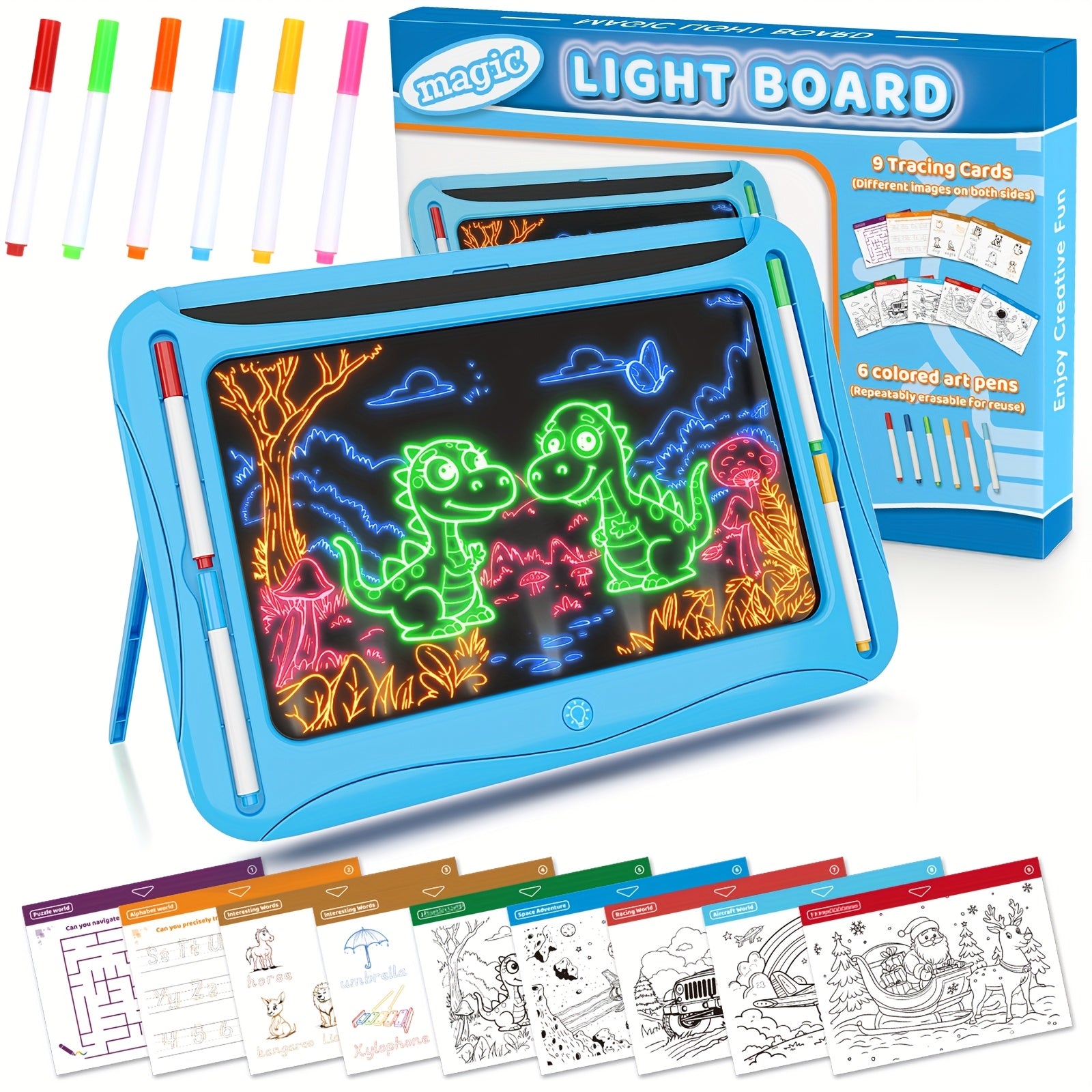 Tablette de dessin lumineuse LED | Planche à dessin magique avec 9 cartes recto-verso & 6 marqueurs – Jouet éducatif pour filles et garçons de 3 à 8 ans