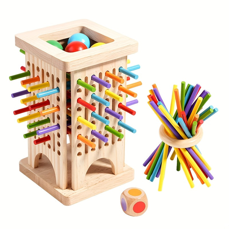 Jeu d'Adresse en Bois 3-en-1 "Tour à Bâtonnets" pour Enfants 3 Ans et Plus - Jeu de Réflexion et Sensoriel pour la Motricité Fine et les Couleurs