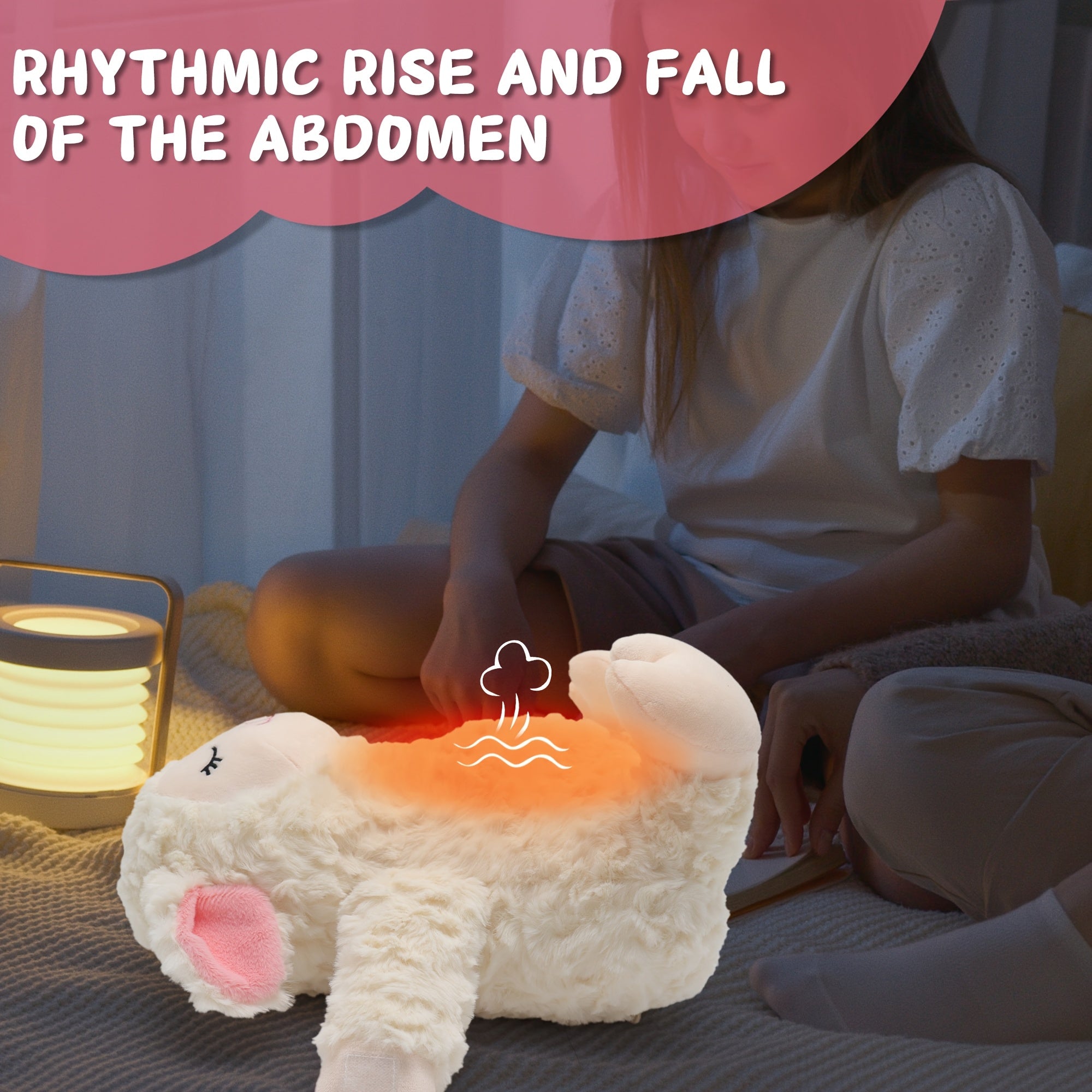 Agneau en Peluche Musical & Respirant – 8 Mélodies Douces, Bruit Blanc, Veilleuse & Volume Réglable | Cadeau de Naissance