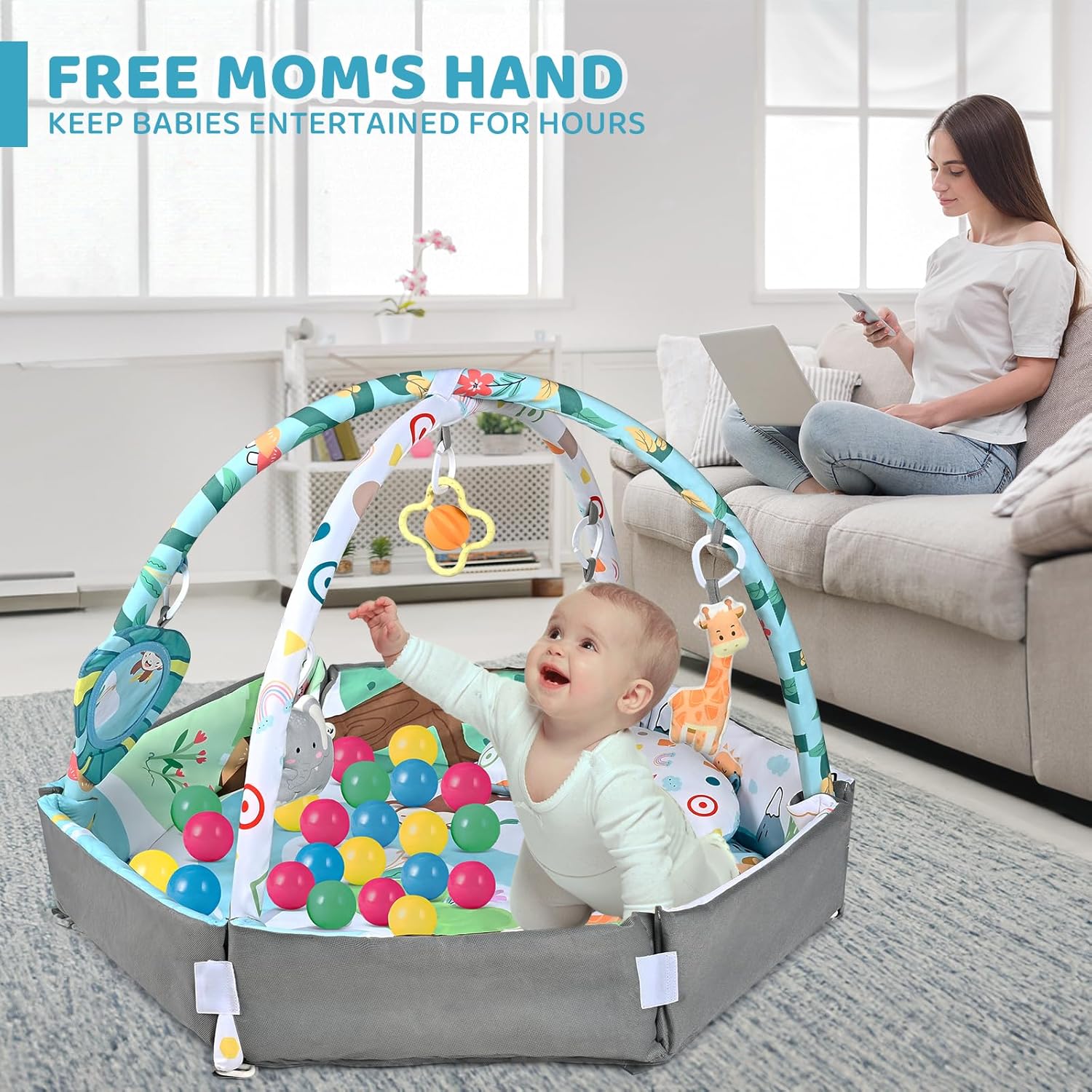 Tapis de Jeu 8-en-1 Tummy Time & Piscine à Balles avec 6 Jouets | Tapis d'Activité Bébé Lavable pour Développement Visuel, Auditif, Sensoriel et Moteur, Cadeau de Jouets pour Enfants en Bas Âge King of Toys