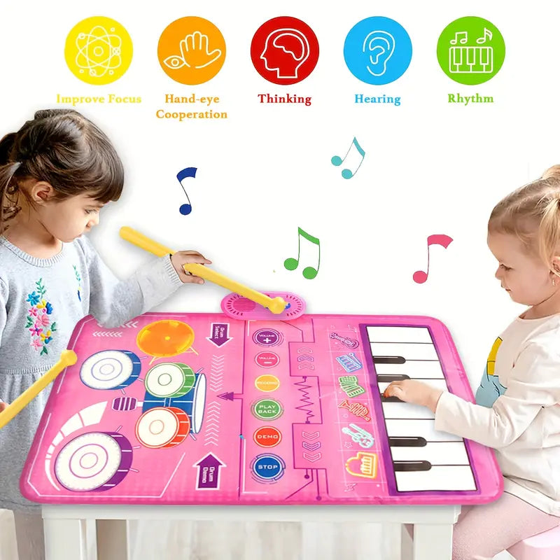 2 en 1 Piano Clavier pour Bébé Filles & Tapis de Batterie avec Baguettes - Jouets Musicaux d'Éveil Sensoriel Speelgoed Koning