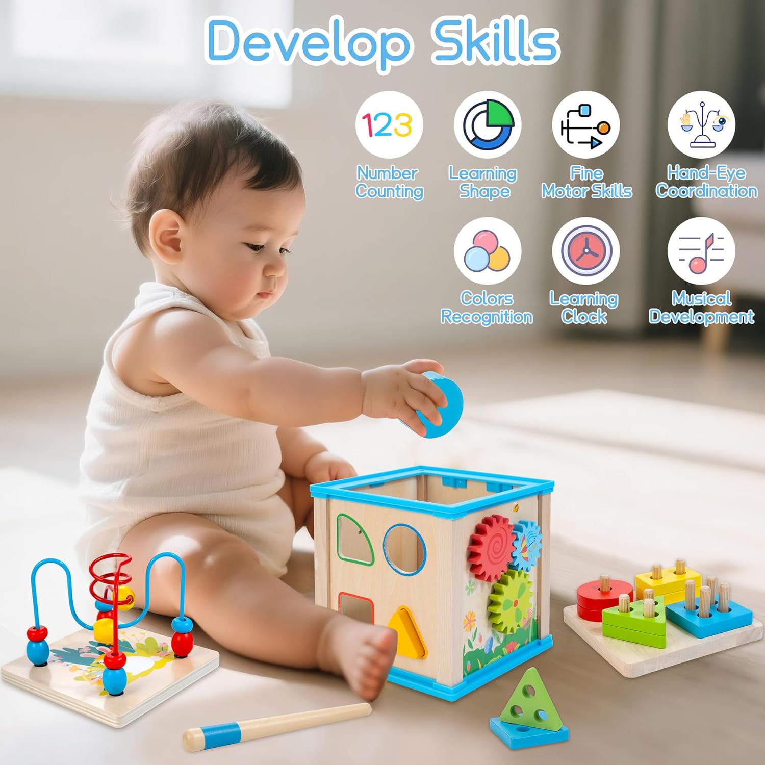 Cube d'Activités en Bois 7-en-1 pour Bébé 1 An et Plus - Jouet Montessori Éducatif pour Tout-Petits Garçons et Filles - Cadeau d'Anniversaire Idéal