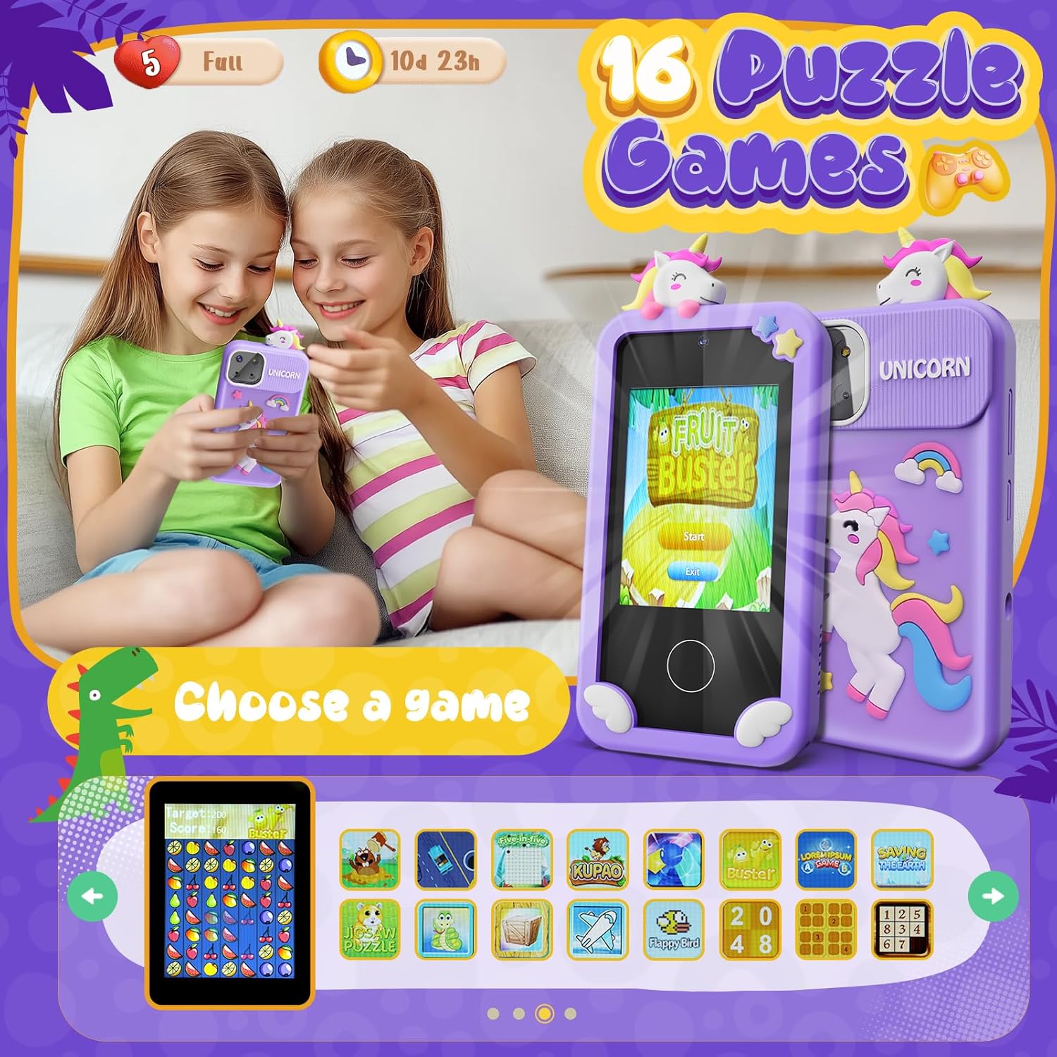 Téléphone Intelligent Dinosaure pour Enfants | Mini Téléphone Jouet avec 16 Jeux Éducatifs et Appareil Photo pour Enfants de 3 à 9 Ans King of Toys