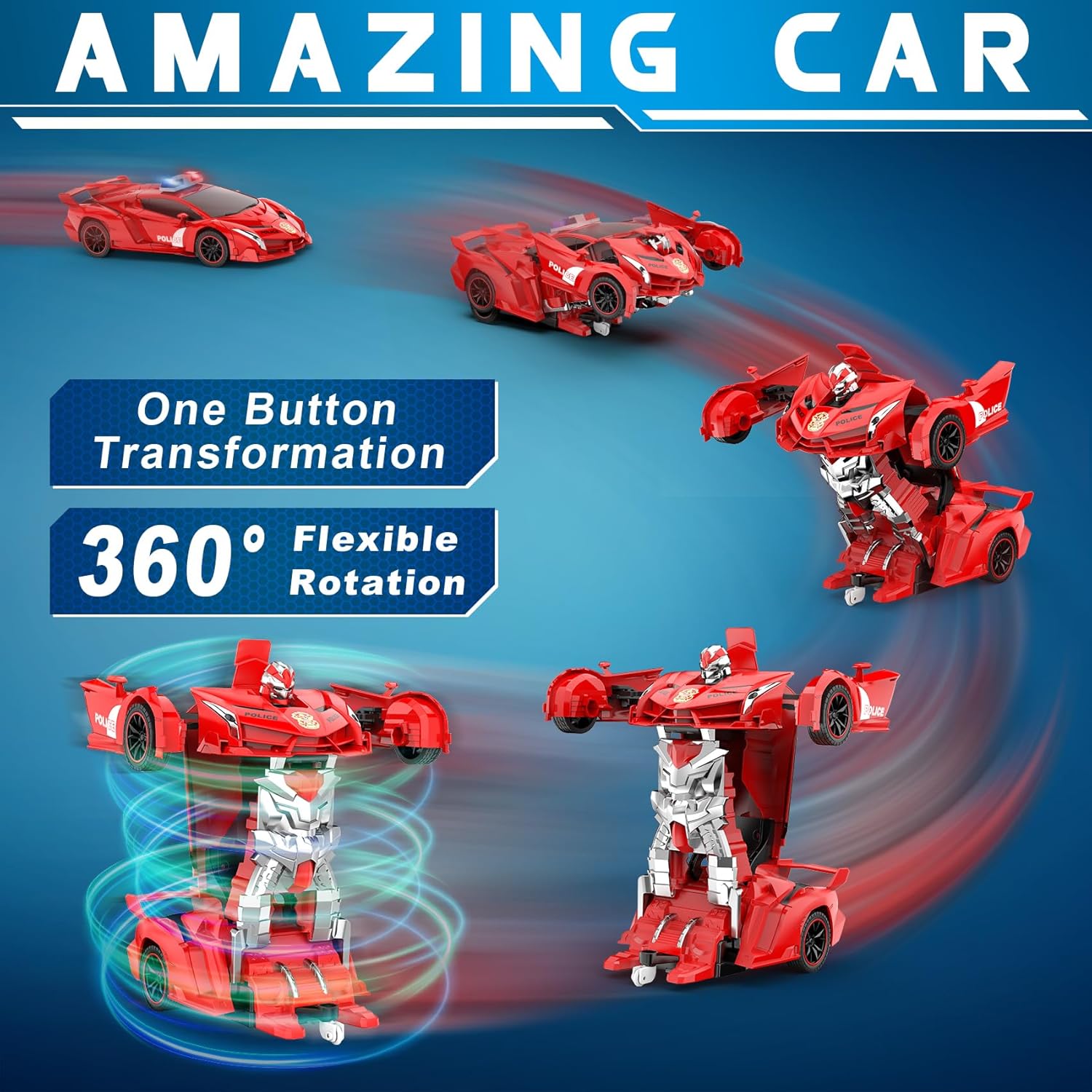 Voiture-robot transformable télécommandée | Voiture de police RC avec transformation à un bouton, lumière clignotante et rotation à 360° pour enfants King of Toys