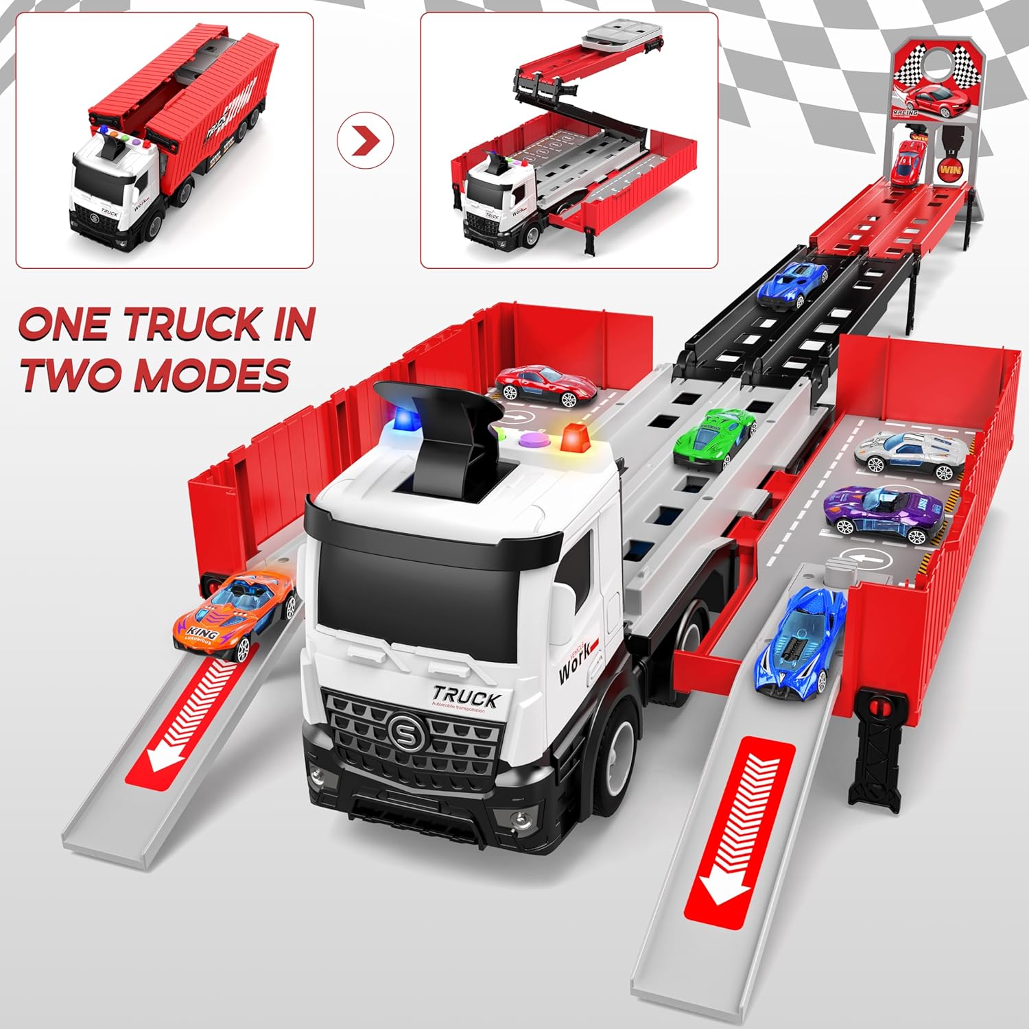 Piste de Course avec Camion Transporteur, Jouet 3 Couches, 8 Voitures de Course Incluses, Cadeau Enfant 3-6 Ans, Jouet Pliable pour Garçons et Filles King of Toys