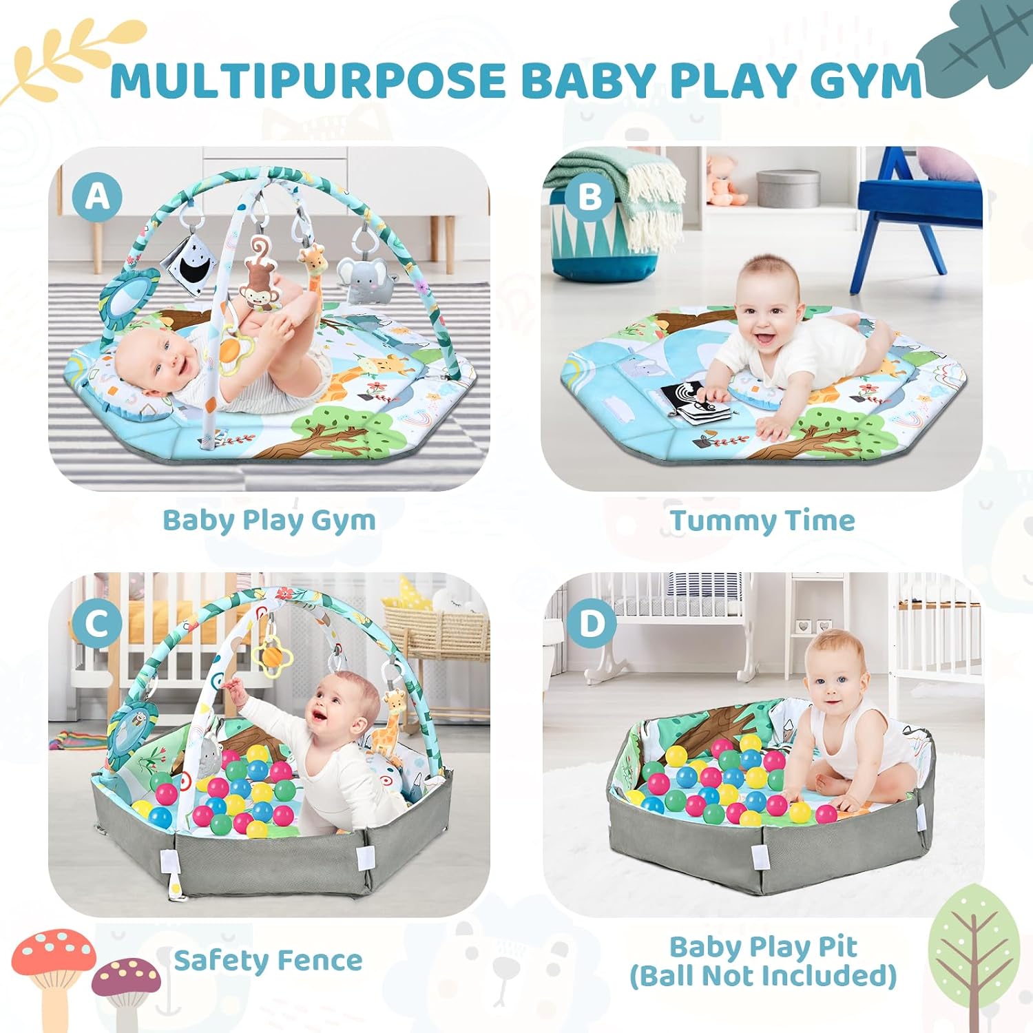 Tapis de Jeu 8-en-1 Tummy Time & Piscine à Balles avec 6 Jouets | Tapis d'Activité Bébé Lavable pour Développement Visuel, Auditif, Sensoriel et Moteur, Cadeau de Jouets pour Enfants en Bas Âge King of Toys