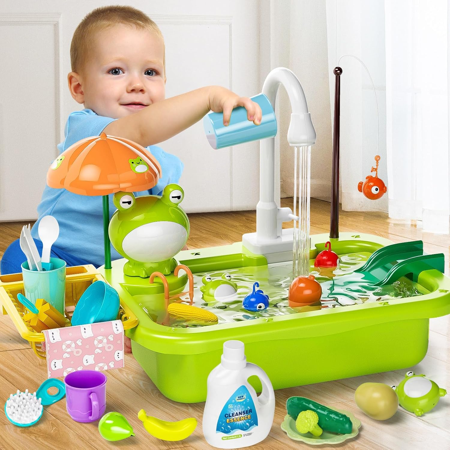 Évier de cuisine de jeu avec eau courante | Robinet électrique, jouets flottants et jeu de pêche | Jeu de rôle pour enfants 3+ King of Toys