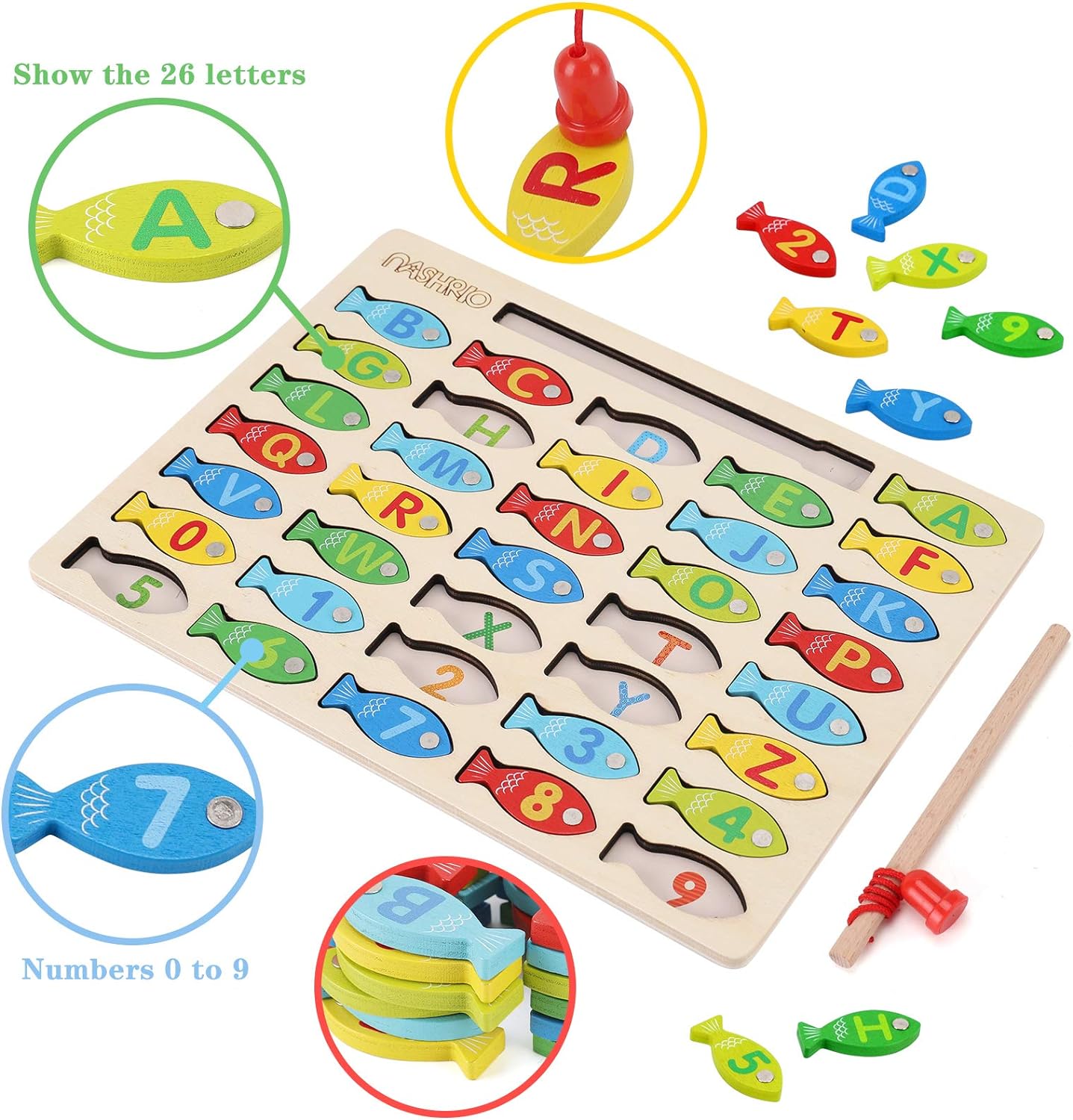 Jeu de pêche magnétique en bois pour les tout-petits l Puzzle à compter avec des chiffres et des lettres l Jouets éducatifs 3 4 5 ans King of Toys
