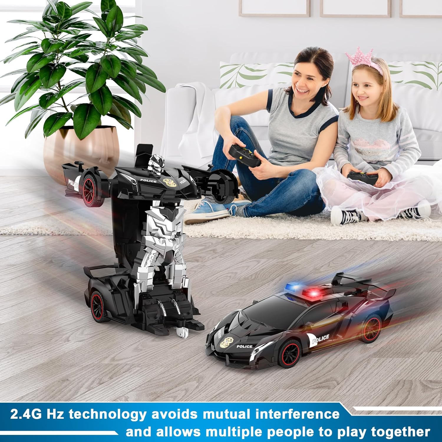 Voiture-robot transformable télécommandée | Voiture de police RC avec transformation à un bouton, lumière clignotante et rotation à 360° pour enfants King of Toys