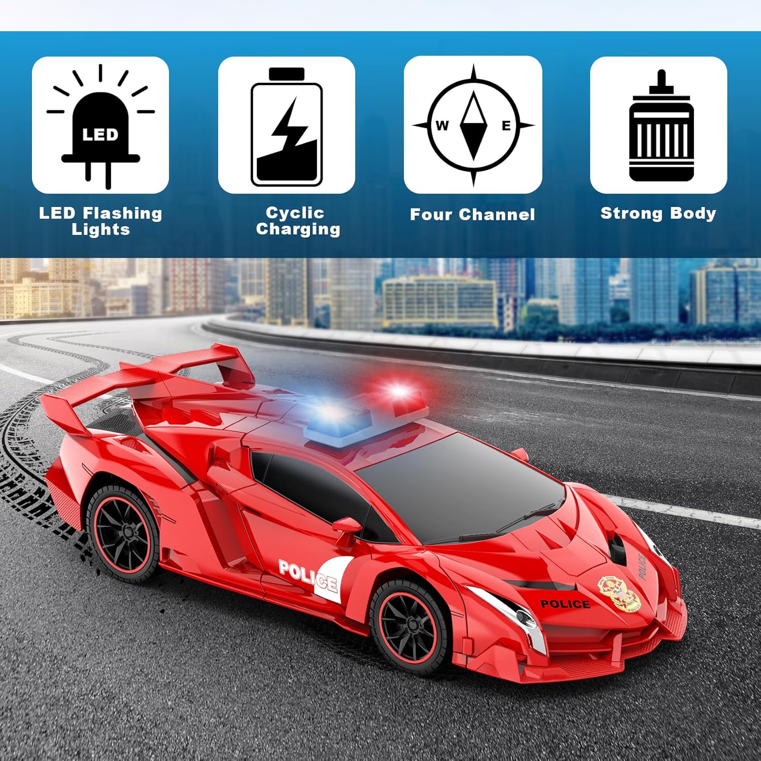 Voiture-robot transformable télécommandée | Voiture de police RC avec transformation à un bouton, lumière clignotante et rotation à 360° pour enfants King of Toys