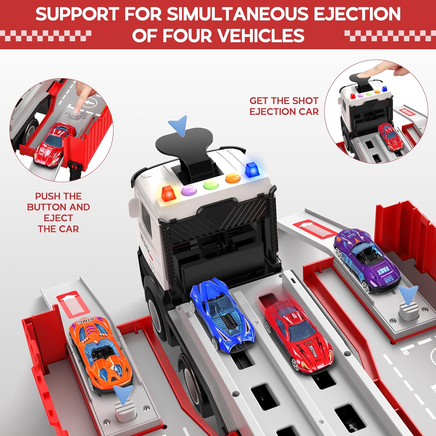 Piste de Course avec Camion Transporteur, Jouet 3 Couches, 8 Voitures de Course Incluses, Cadeau Enfant 3-6 Ans, Jouet Pliable pour Garçons et Filles King of Toys