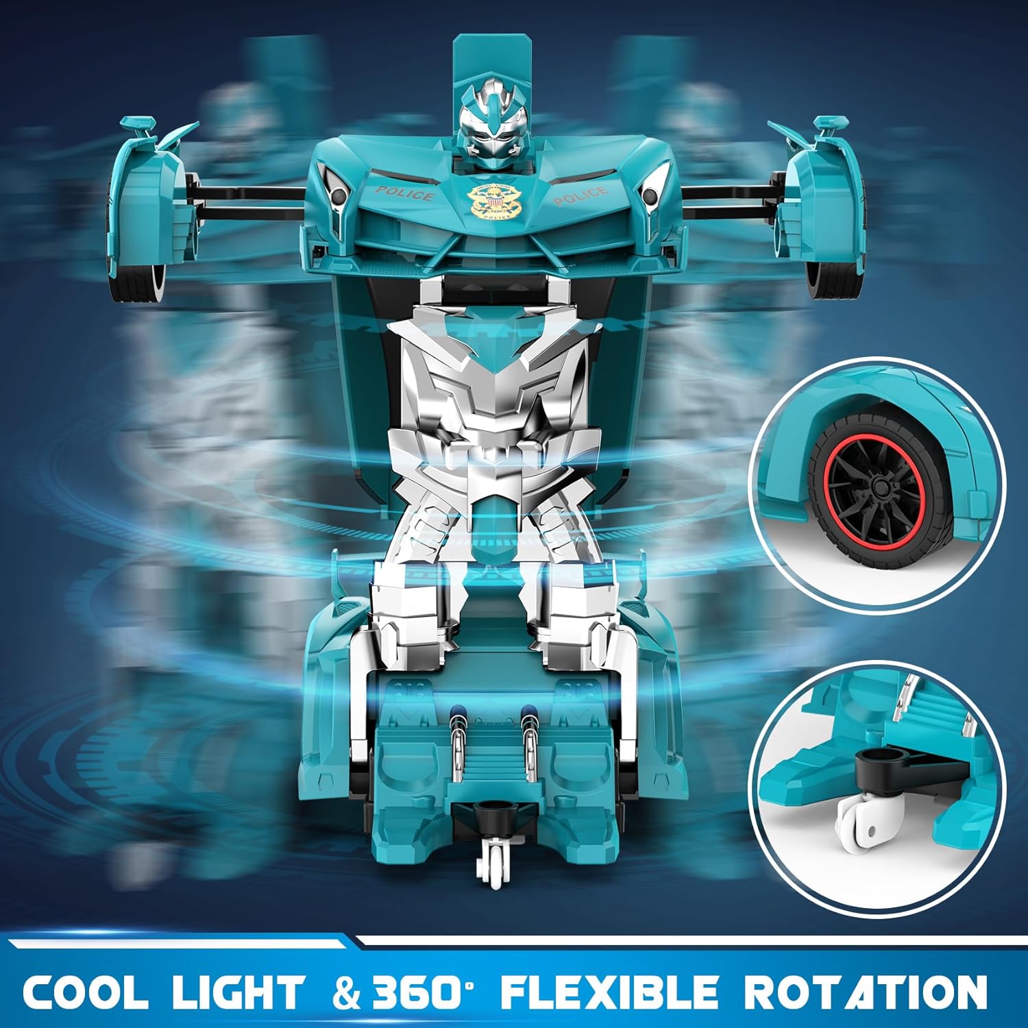 Voiture-robot transformable télécommandée | Voiture de police RC avec transformation à un bouton, lumière clignotante et rotation à 360° pour enfants King of Toys