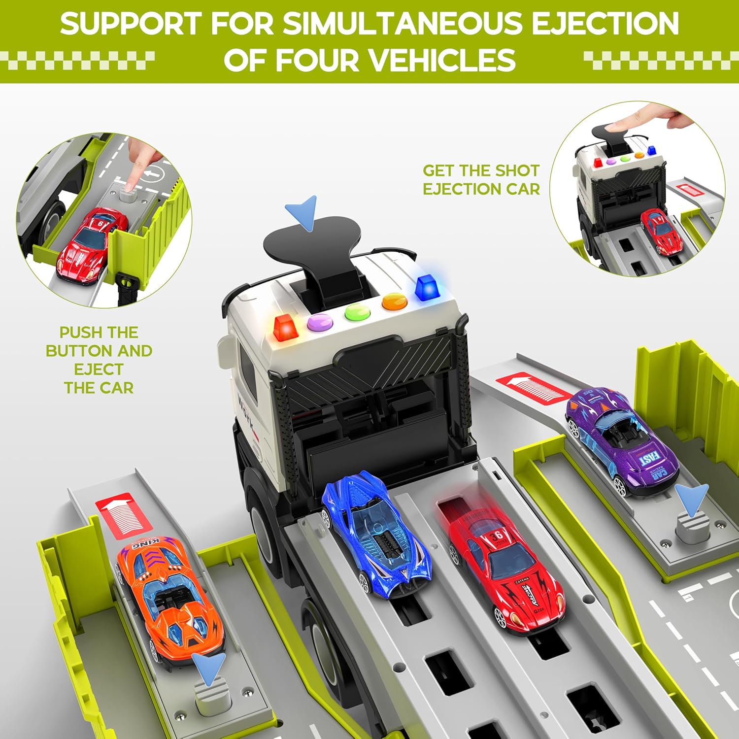 Piste de Course avec Camion Transporteur, Jouet 3 Couches, 8 Voitures de Course Incluses, Cadeau Enfant 3-6 Ans, Jouet Pliable pour Garçons et Filles King of Toys