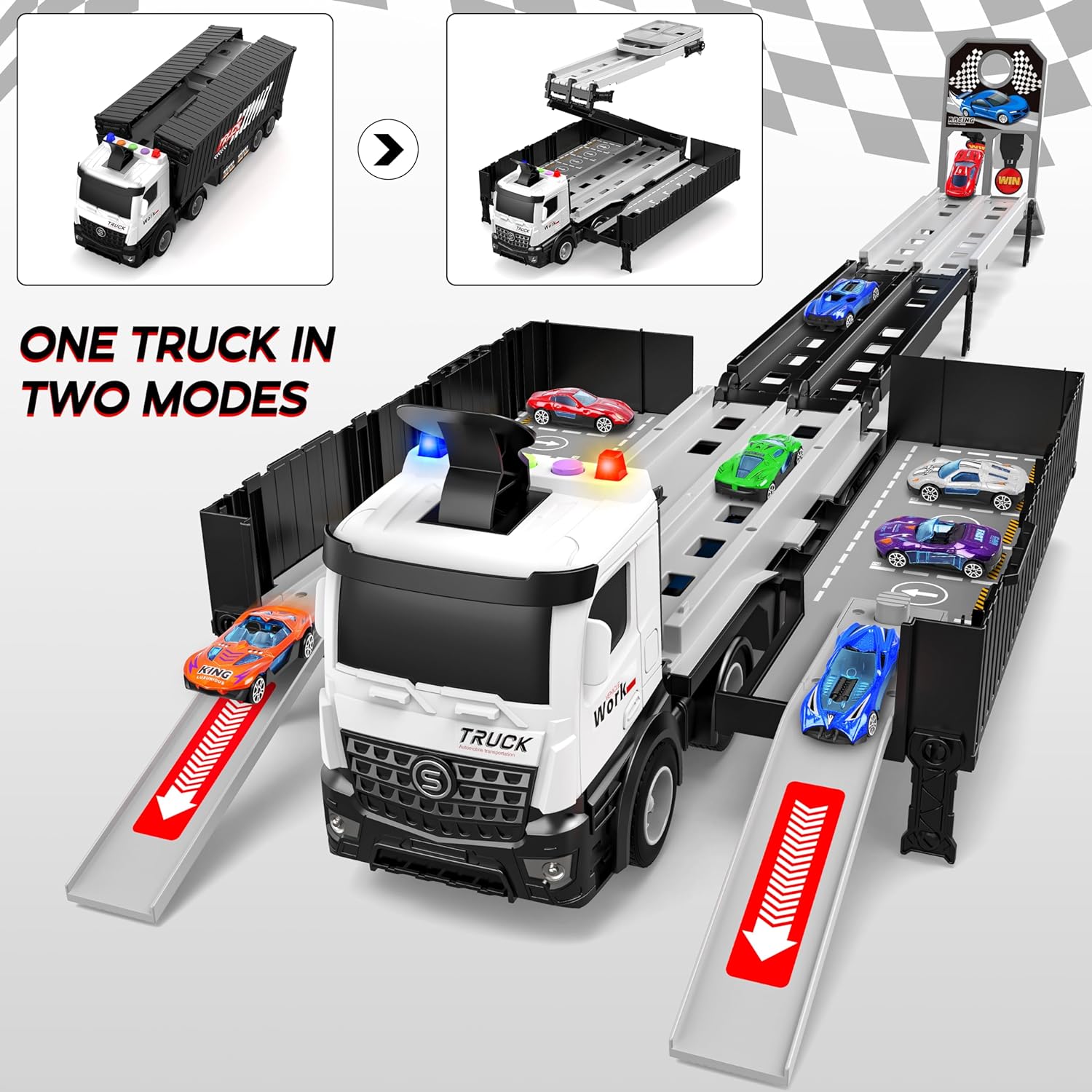 Piste de Course avec Camion Transporteur, Jouet 3 Couches, 8 Voitures de Course Incluses, Cadeau Enfant 3-6 Ans, Jouet Pliable pour Garçons et Filles King of Toys