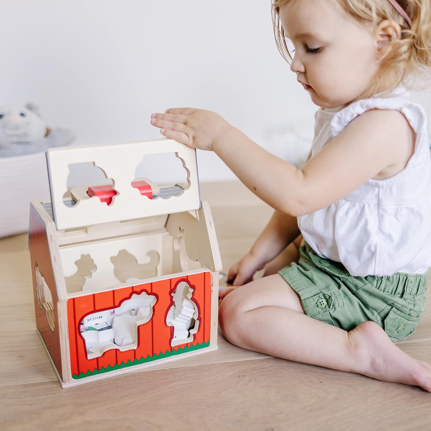 Jouet de ferme en bois avec toit rabattable | 10 pièces de jeu d'apprentissage, tri de formes et empilage pour enfants de 2 ans et plus