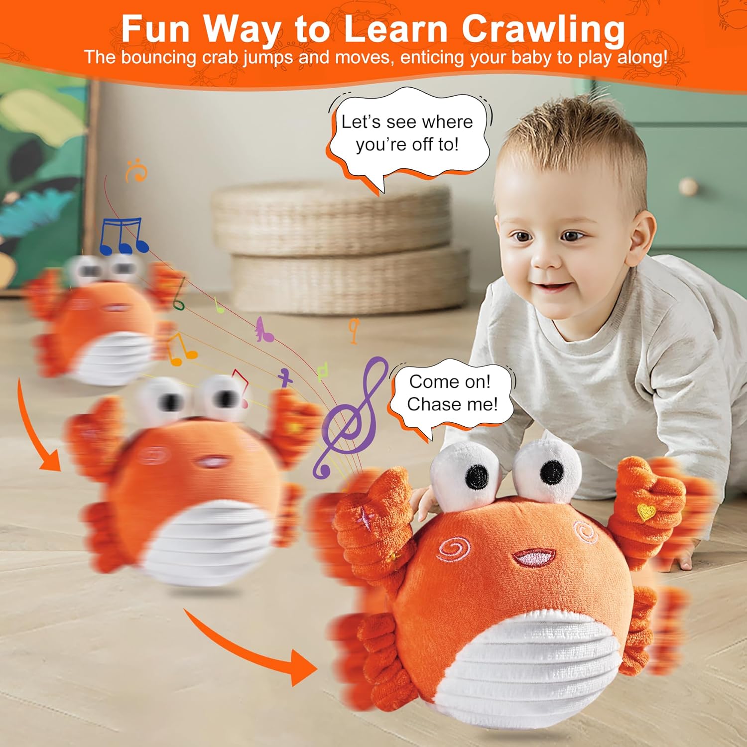 Crabe Musical rampant Jouet Bébé 0-12 Mois - Jouet Sensoriel Dansant avec Son et Fonction d'Enregistrement pour Bébé, Tout-Petit, Garçons et Filles - Cadeau Interactif pour Stimuler l'Apprentissage de la Marche à Quatre Pattes