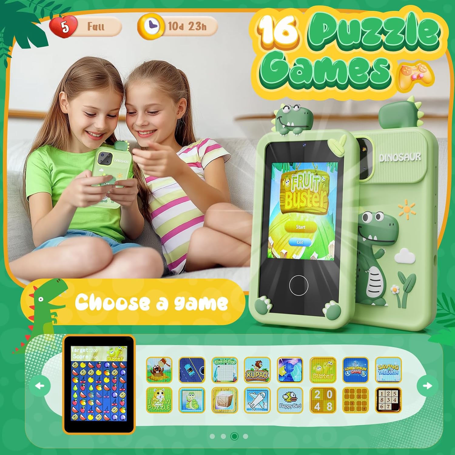 Téléphone Intelligent Dinosaure pour Enfants | Mini Téléphone Jouet avec 16 Jeux Éducatifs et Appareil Photo pour Enfants de 3 à 9 Ans King of Toys
