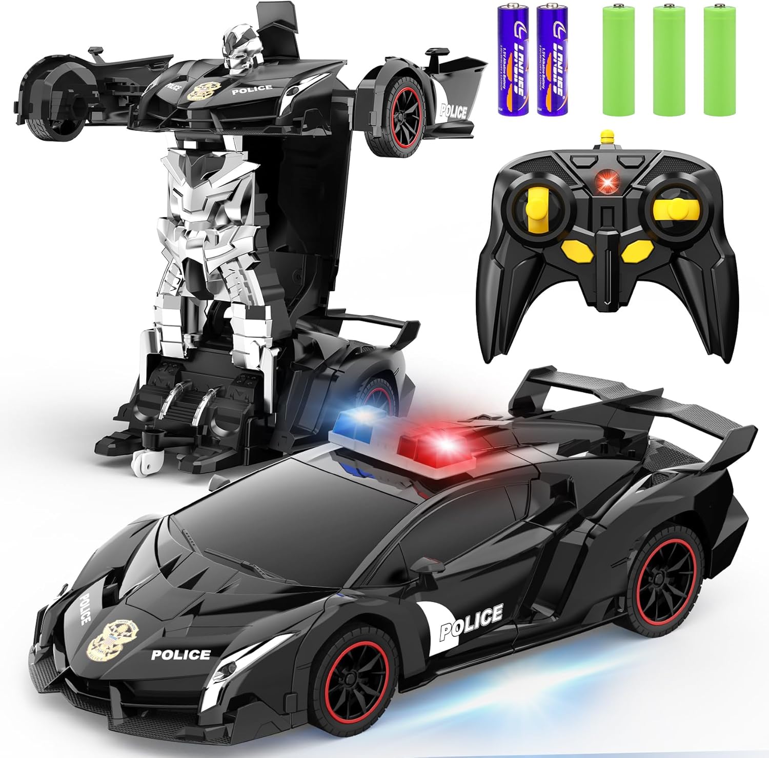 Voiture-robot transformable télécommandée | Voiture de police RC avec transformation à un bouton, lumière clignotante et rotation à 360° pour enfants King of Toys