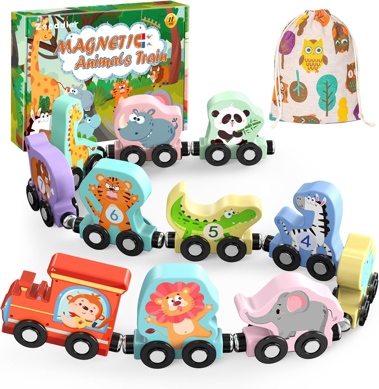 Ensemble de train en bois magnétique avec 11 animaux | Jouets Montessori pour activités d'apprentissage préscolaire des tout-petits King of Toys