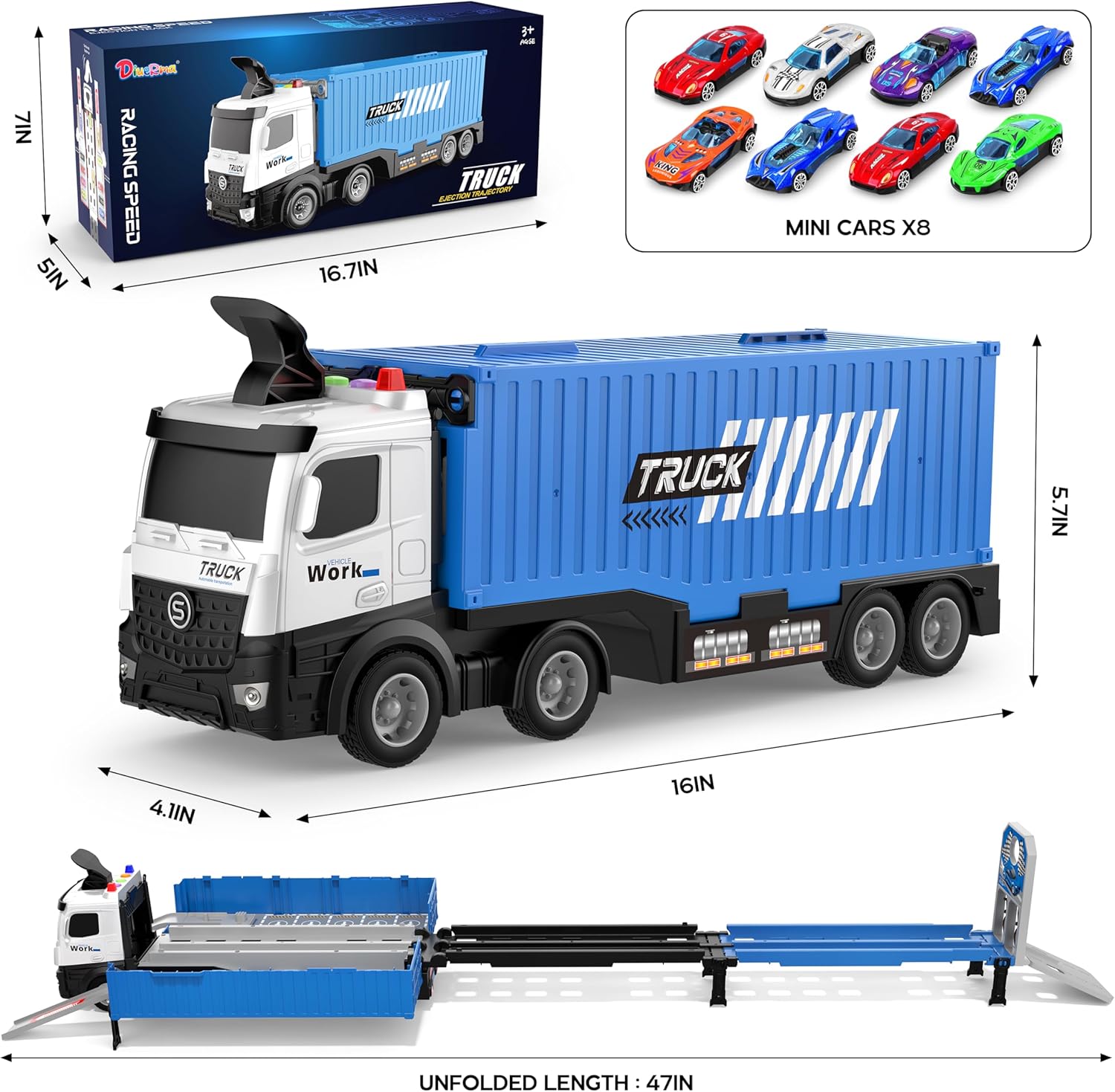 Piste de Course avec Camion Transporteur, Jouet 3 Couches, 8 Voitures de Course Incluses, Cadeau Enfant 3-6 Ans, Jouet Pliable pour Garçons et Filles King of Toys