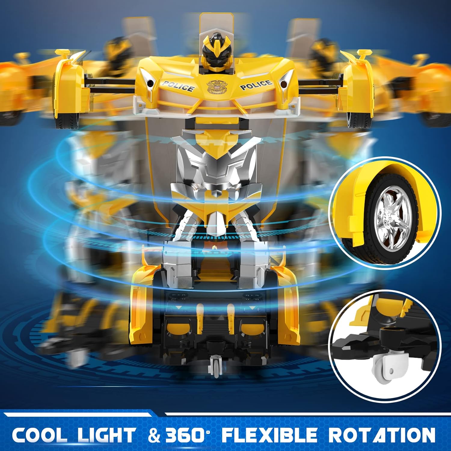 Voiture-robot transformable télécommandée | Voiture de police RC avec transformation à un bouton, lumière clignotante et rotation à 360° pour enfants King of Toys
