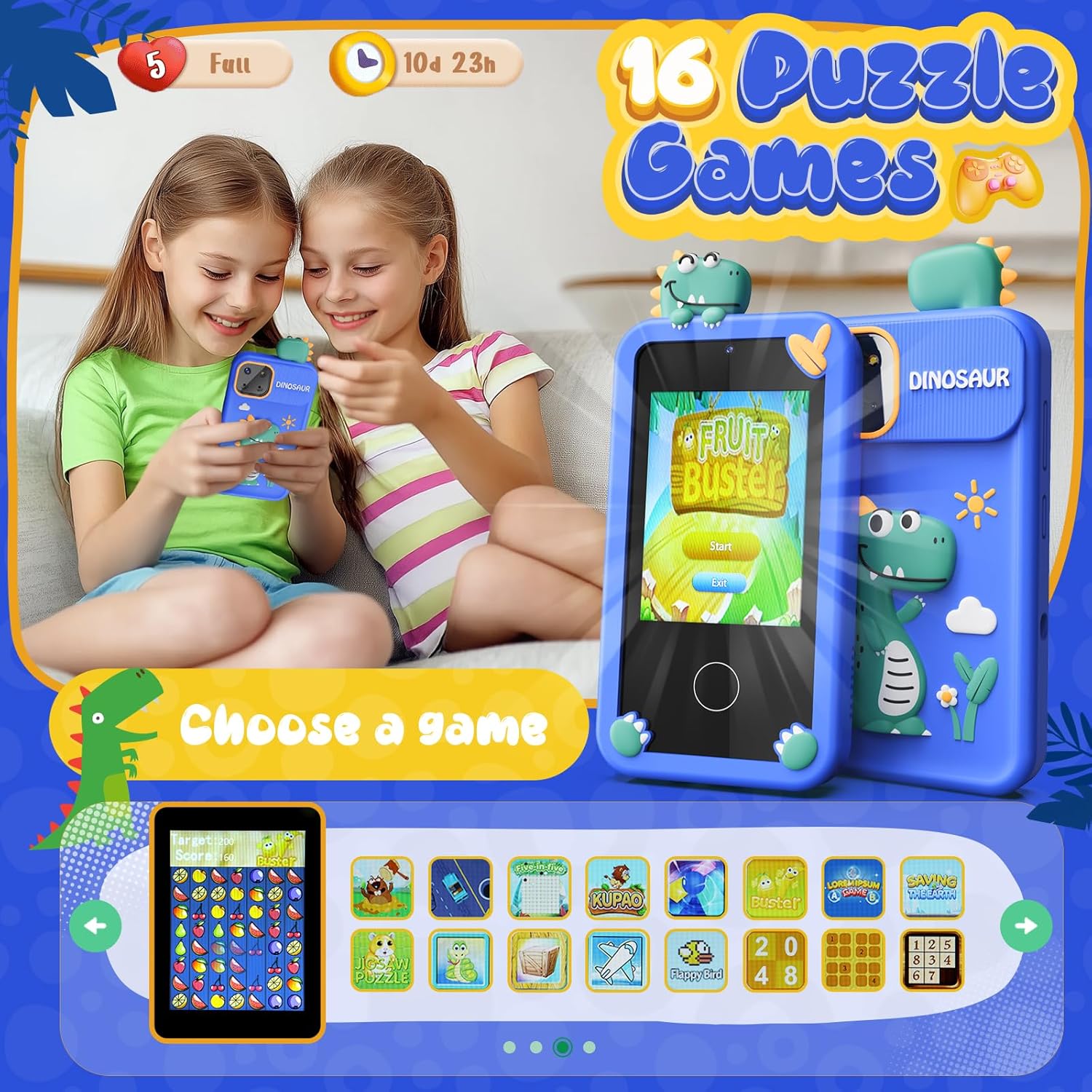 Téléphone Intelligent Dinosaure pour Enfants | Mini Téléphone Jouet avec 16 Jeux Éducatifs et Appareil Photo pour Enfants de 3 à 9 Ans King of Toys