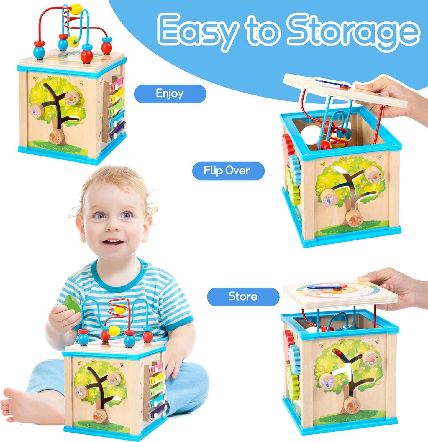 Cube d'Activités en Bois 7-en-1 pour Bébé 1 An et Plus - Jouet Montessori Éducatif pour Tout-Petits Garçons et Filles - Cadeau d'Anniversaire Idéal